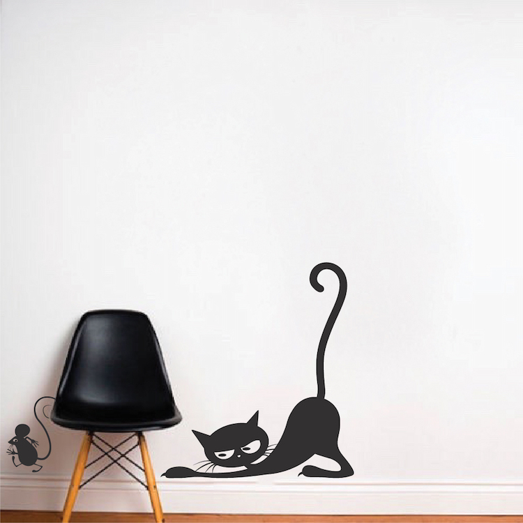 Cat Chasing Mouse Decal Mural, Fun Animals Wall Sticker, Artsy Wall Vinyl, b41