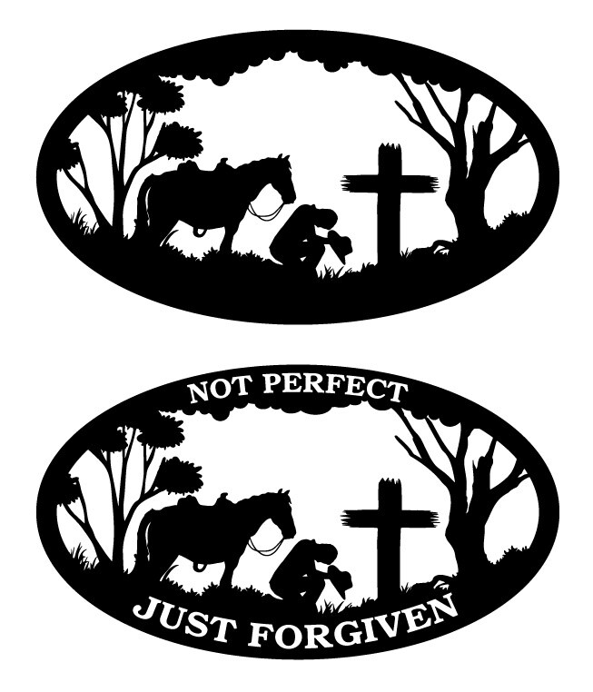 Cowboy Praying Kneeling Scene Cross Oval Decal Window Bumper Sticker 2 Sizes