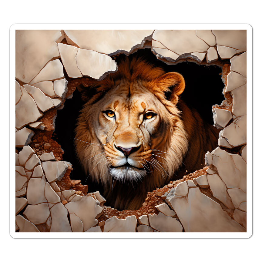 Lion Broken Wall, Vinyl Decal Sticker, Indoor Outdoor, 3 Sizes, #9924