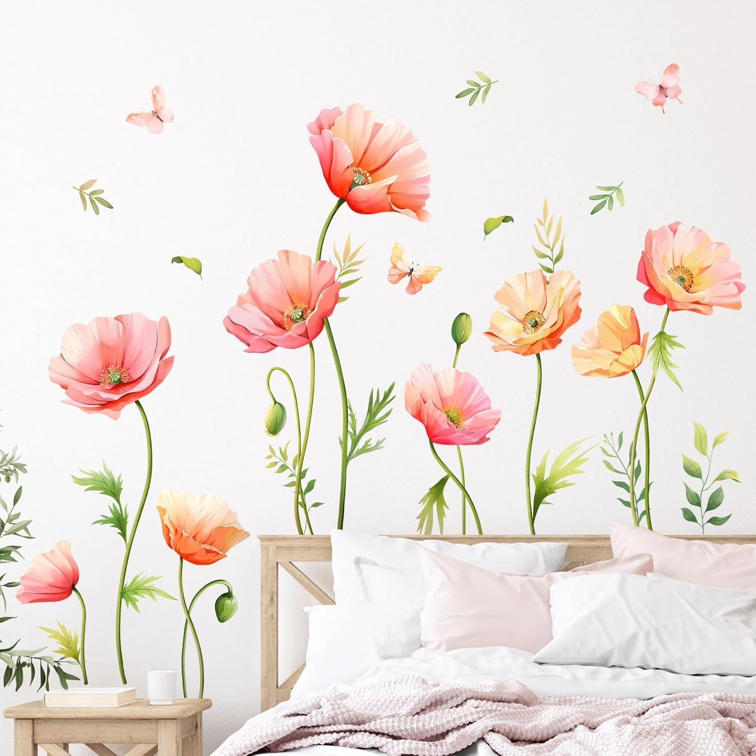 Large Pink Floral Wall Decals Poppy Flower Butterfly Multi-colored