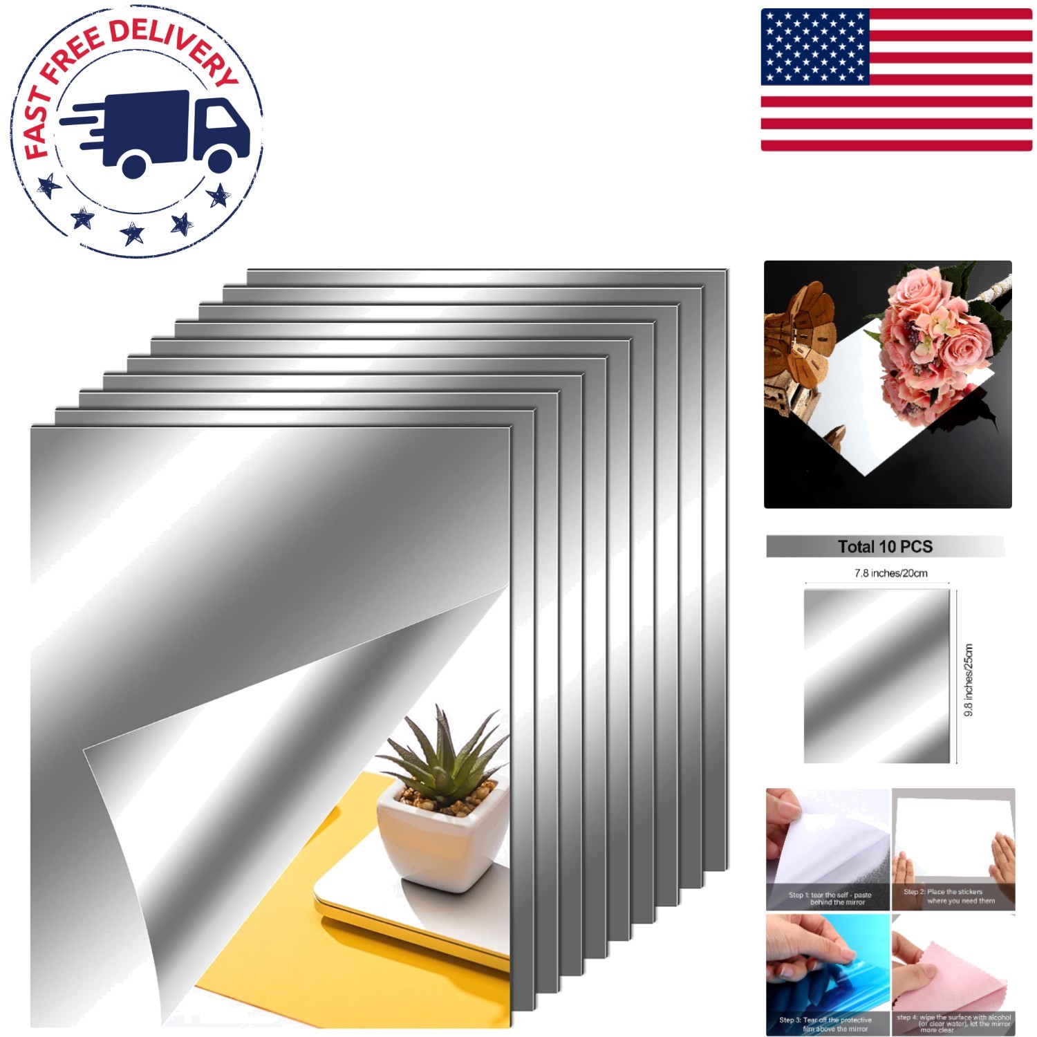 Flexible Wall-Mounted Non-Glass Mirror Tiles – 8×10 Inches in Silver Finish