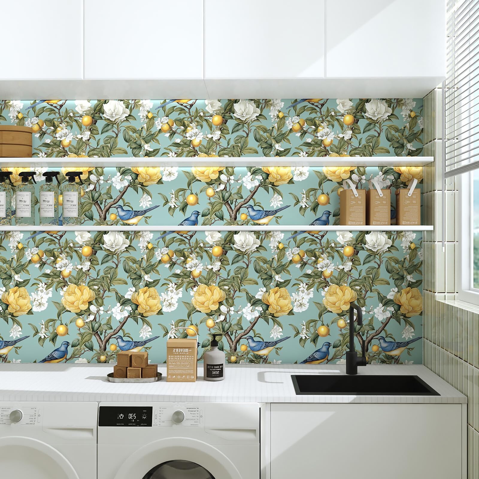 Danodoi Blue Lemon Tree Peel and Stick Wallpaper – Green Floral Contact Paper…