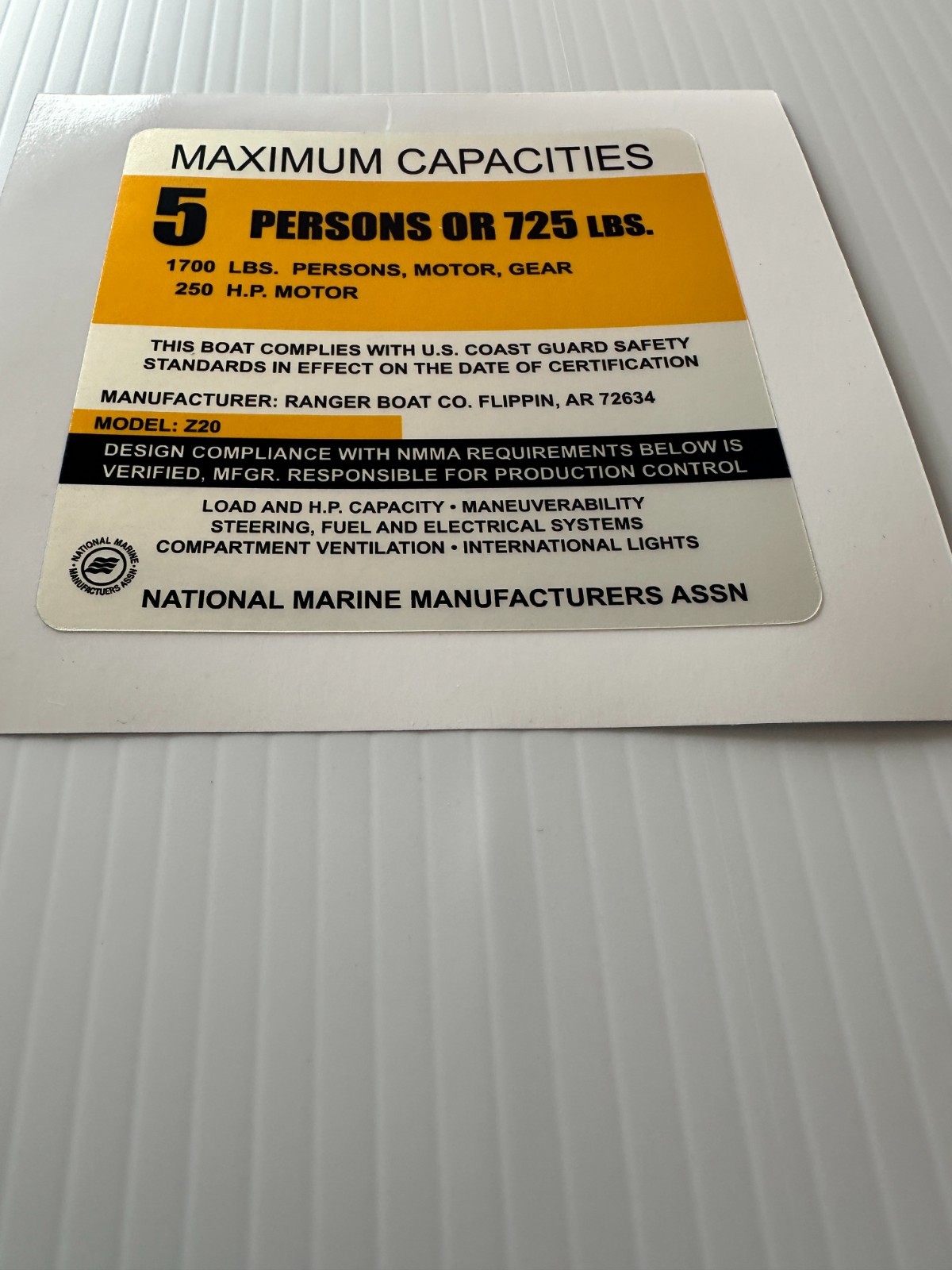 Ranger Boats Z20 Capacity Plate Sticker – Replacement Decal – Same Day Shipping