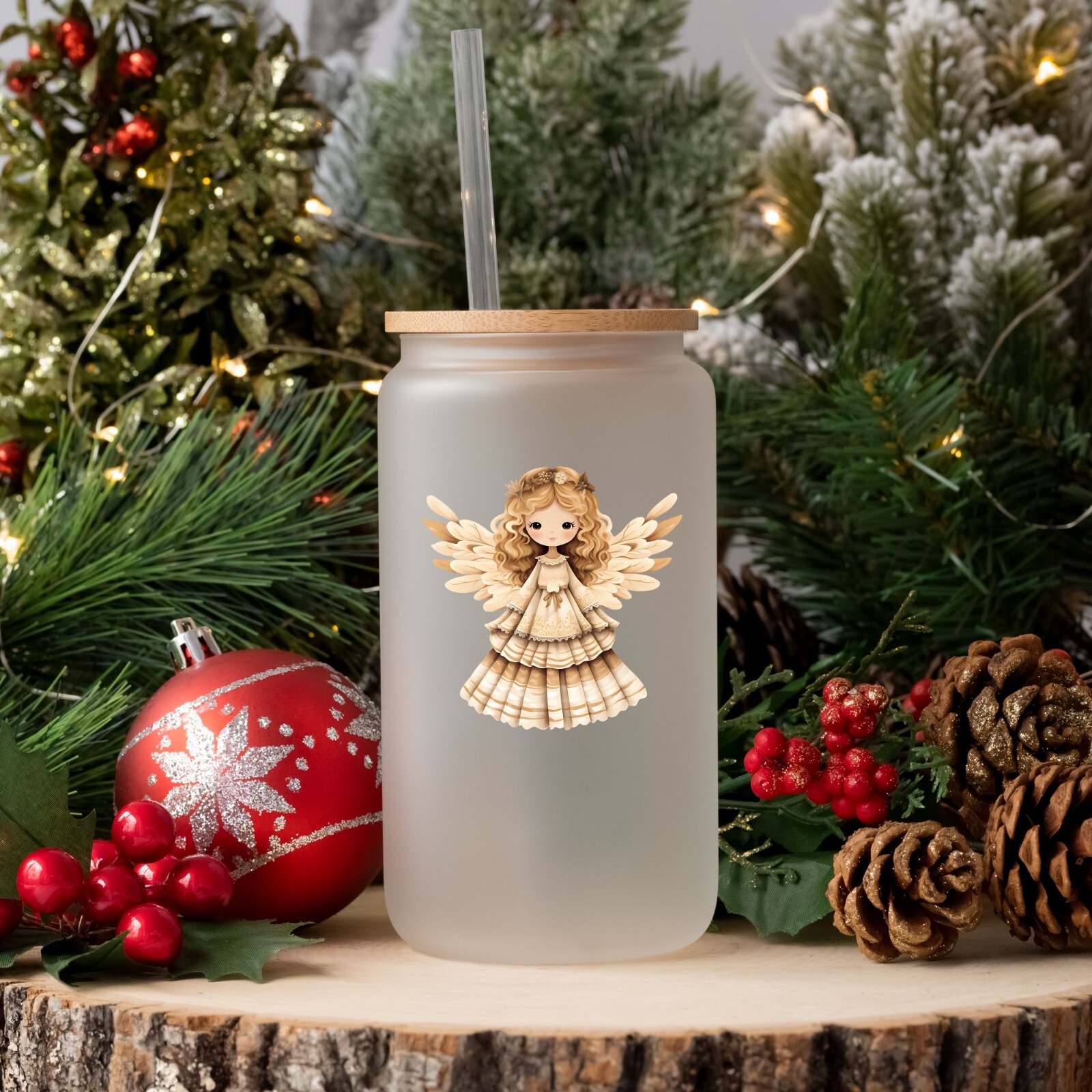 Neutral Christmas Folk Art Angel UV DTF Sticker Transparent Decal