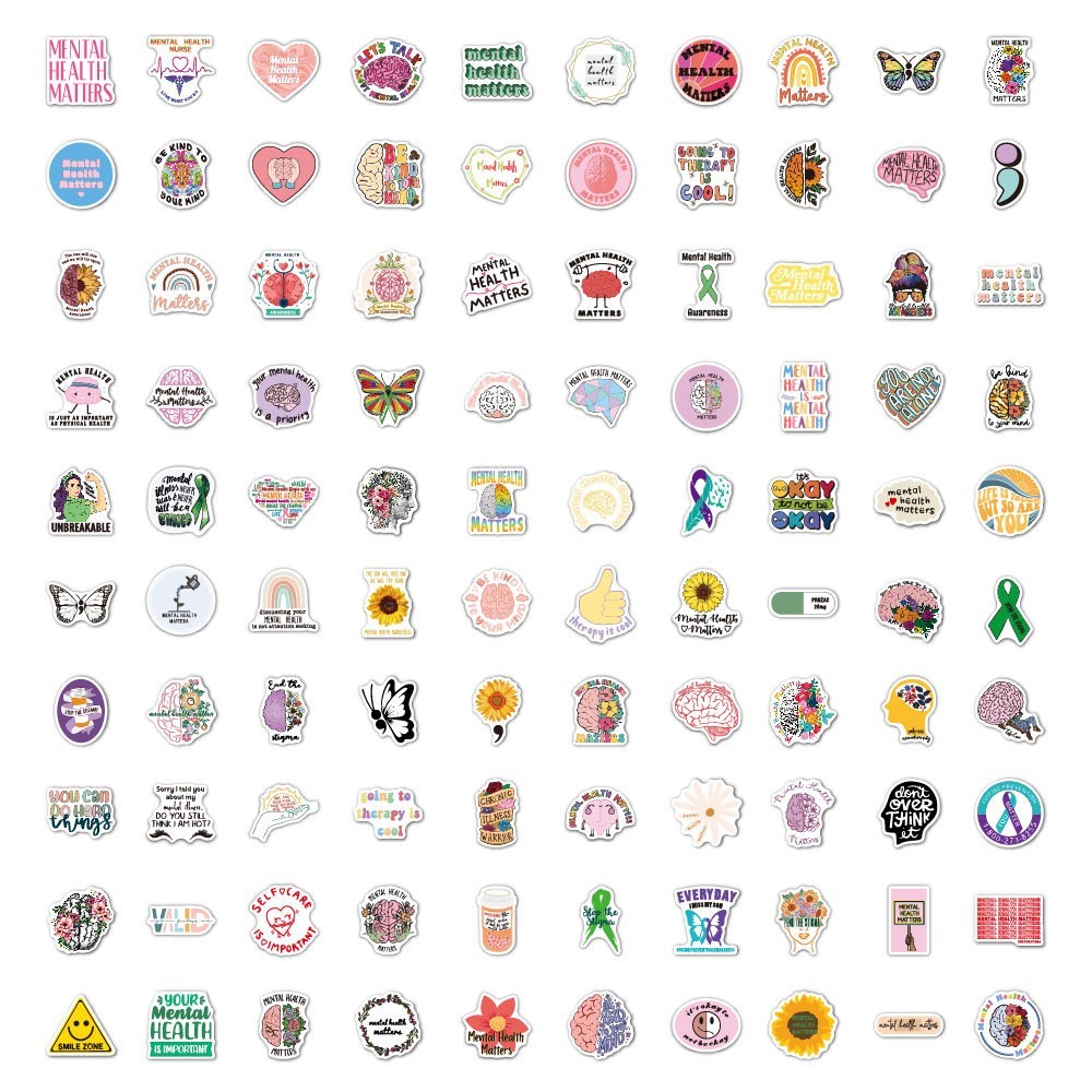 100pcs Mental Health Stickers | Positive Quotes Brain Art | Laptop Water Bottle