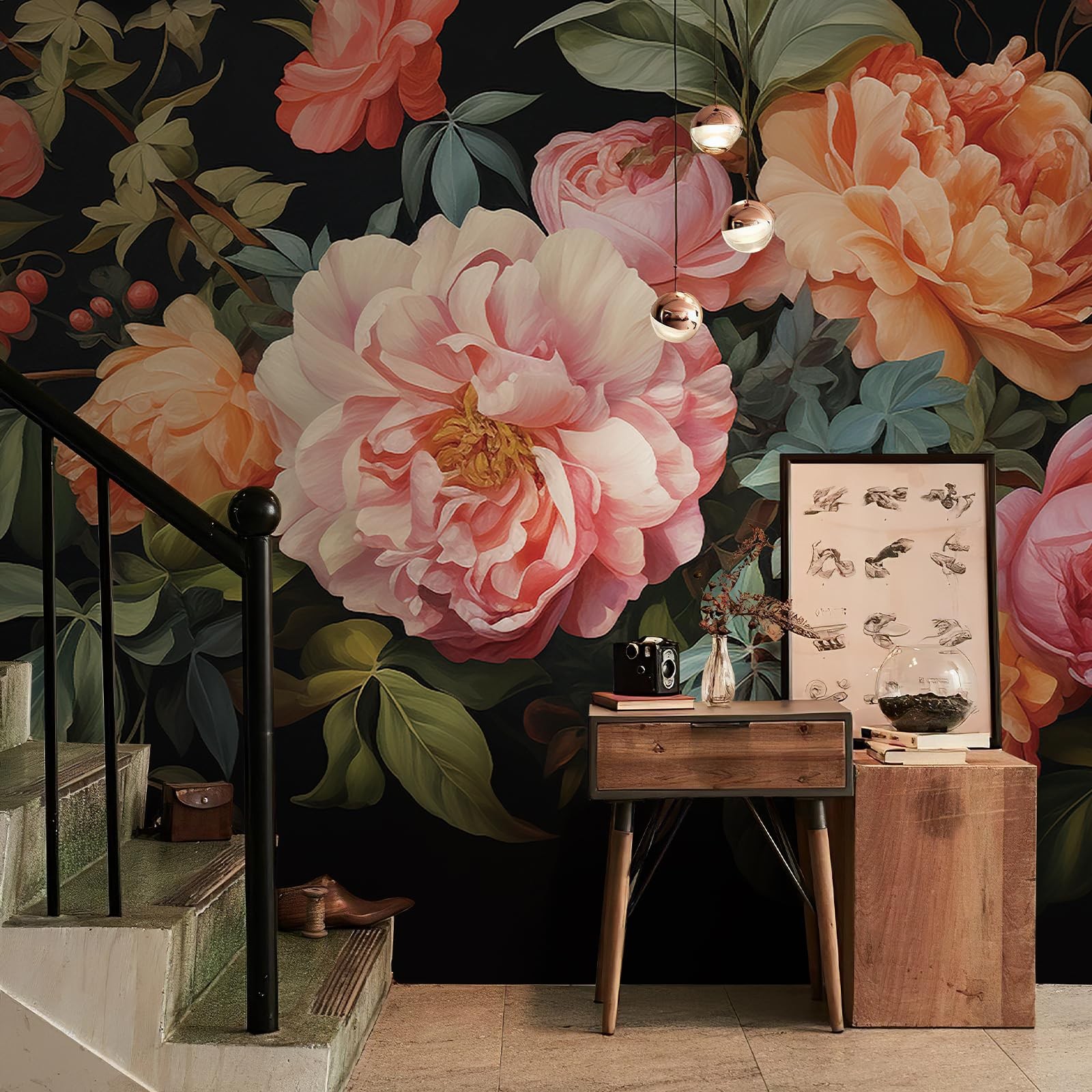 Large Floral Peel and Stick Wall Murals 148" W x 98" H Vintage 3D Dark Peony …
