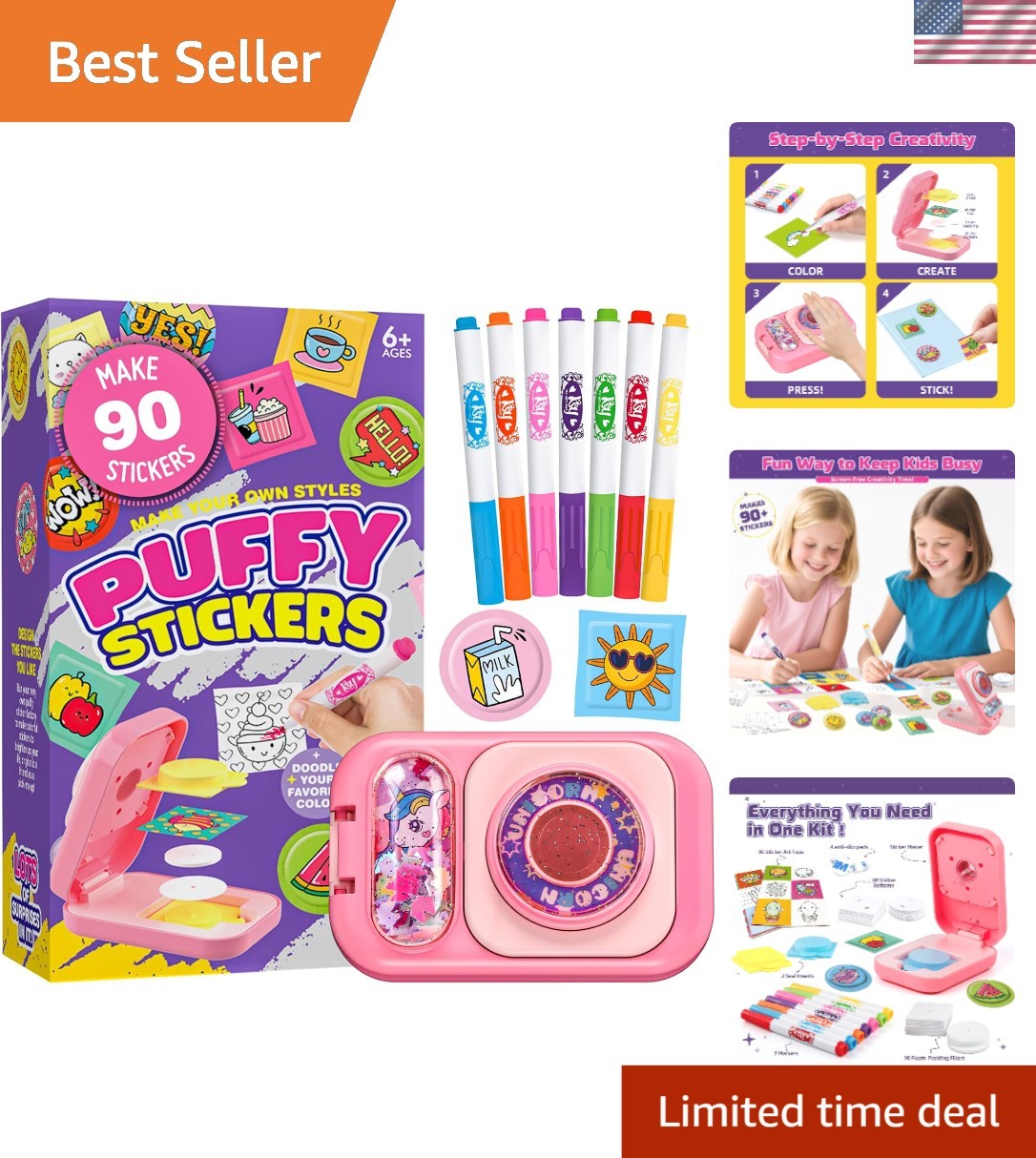 Creative Sticker Maker Kit – 90 Puffy Stickers with 7 Markers for Arts & Crafts