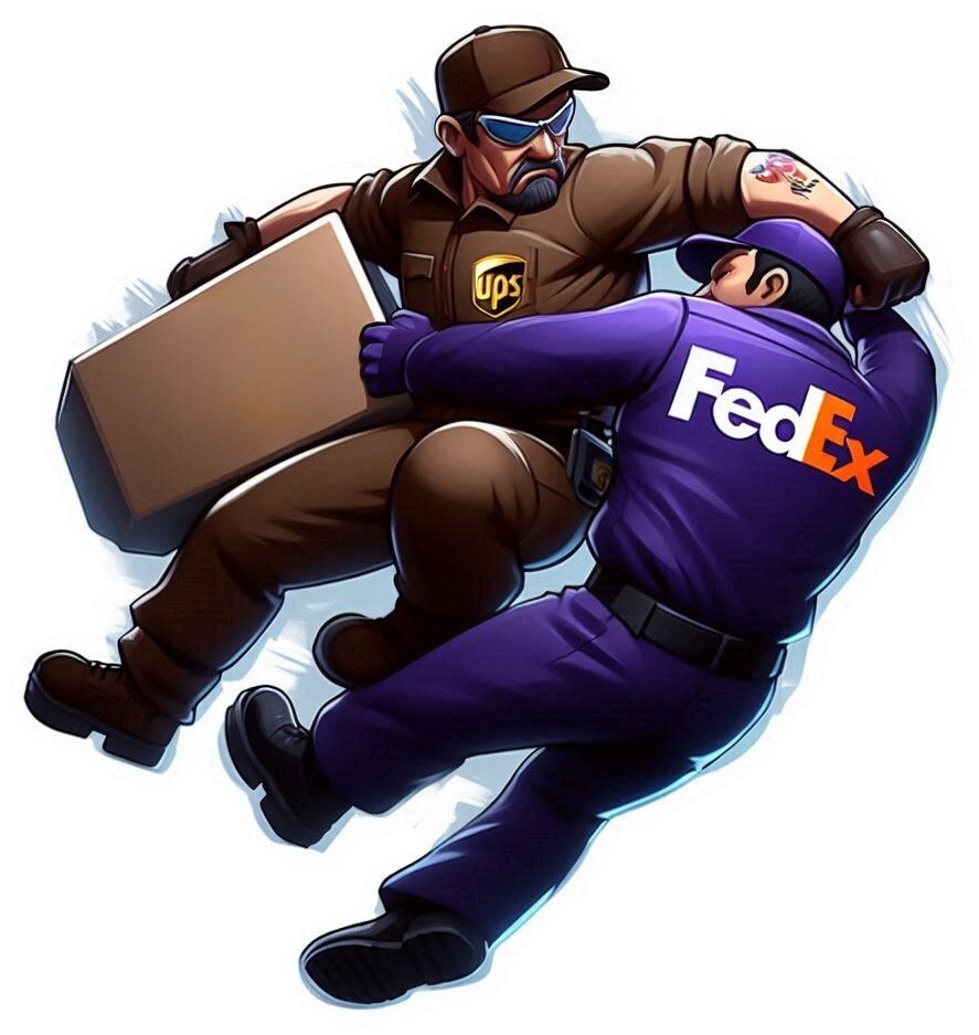 FedEx and UPS delivery guys fighting vinyl sticker – Several Sizes Available