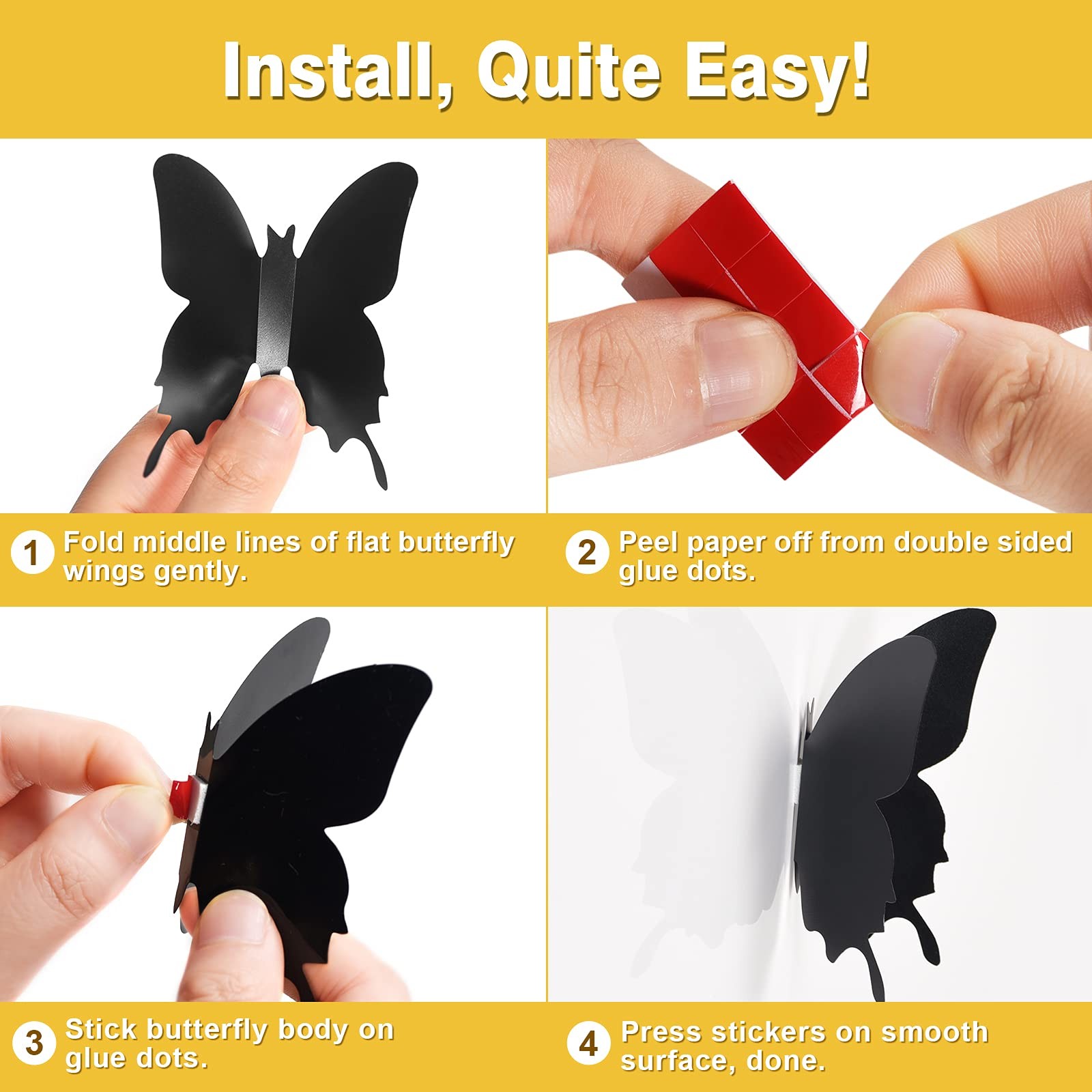 3D Butterfly Wall Decor 48pcs Black Polished Stickers 3 Sizes Durable Butterf…