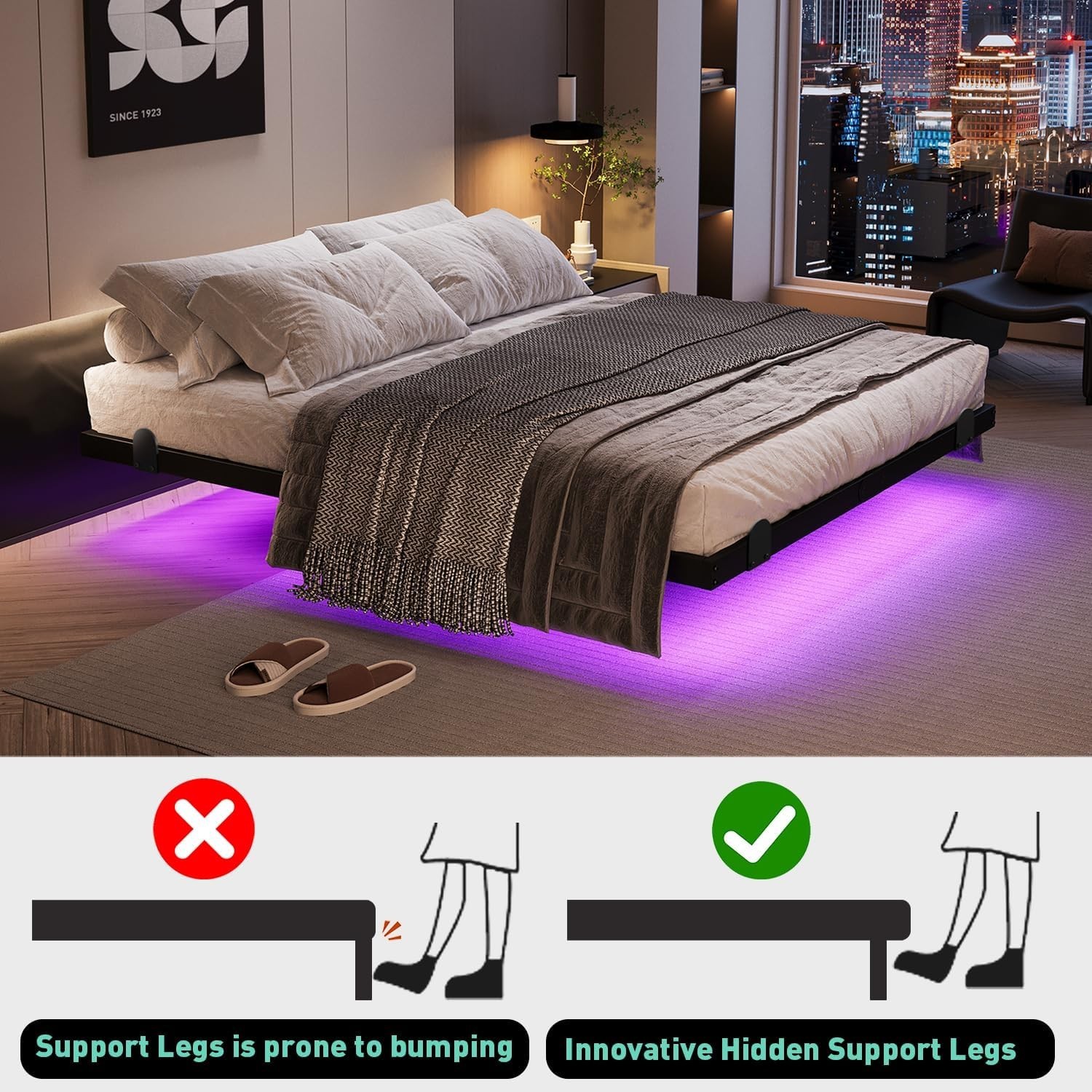 Floating Bed Frame Queen 14 Inch with LED Lights Charging Station Easy Assembly