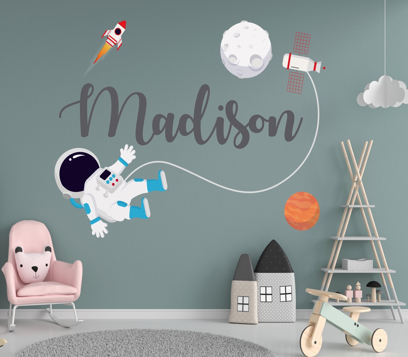 Custom Name Astronaut Wall Decal – Outer Space Wall Art Sticker