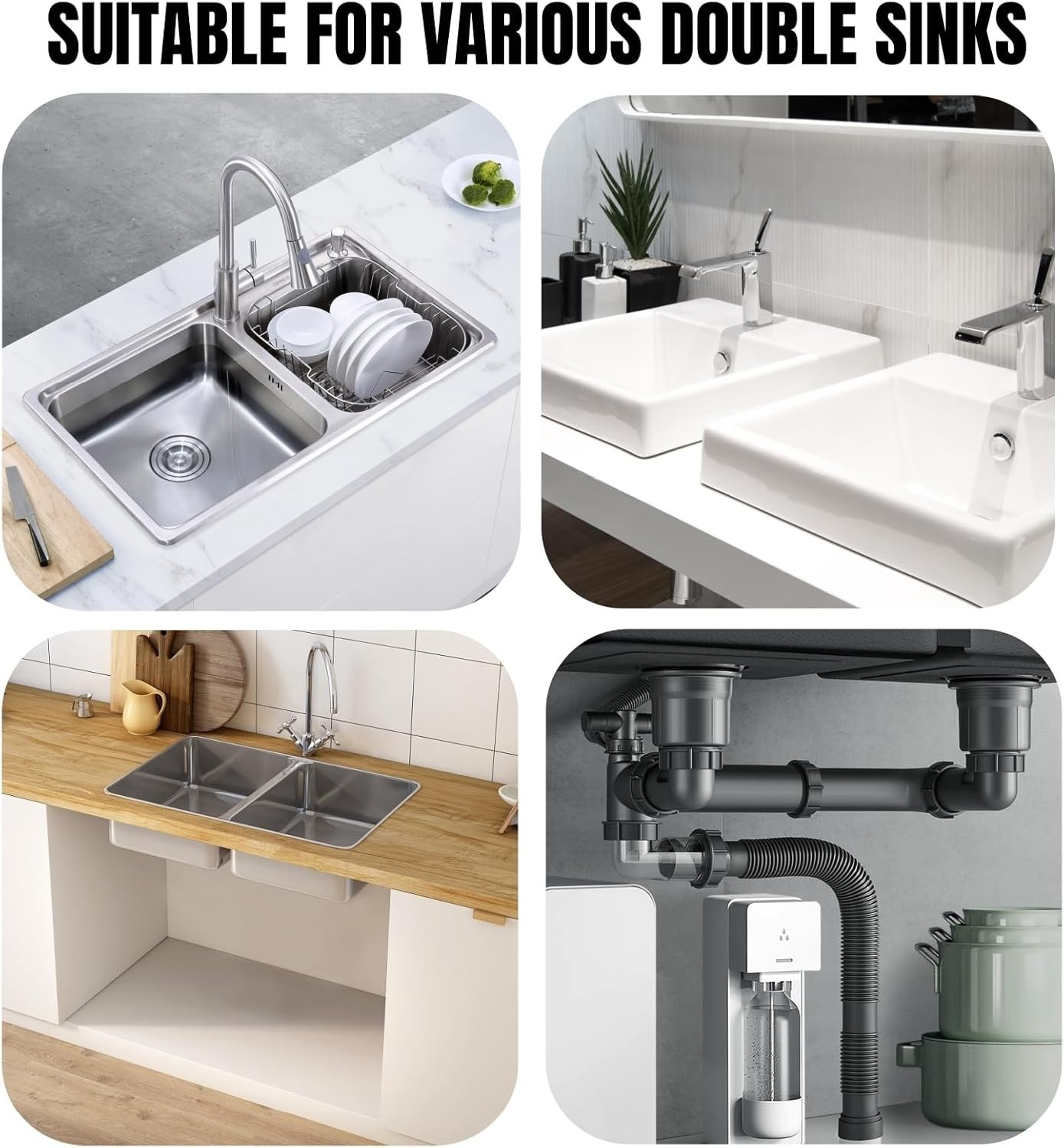 Expandable Flexible 1 1/2" or 1 1/4" Pipe kit for Double Kitchen Sink, All-In…