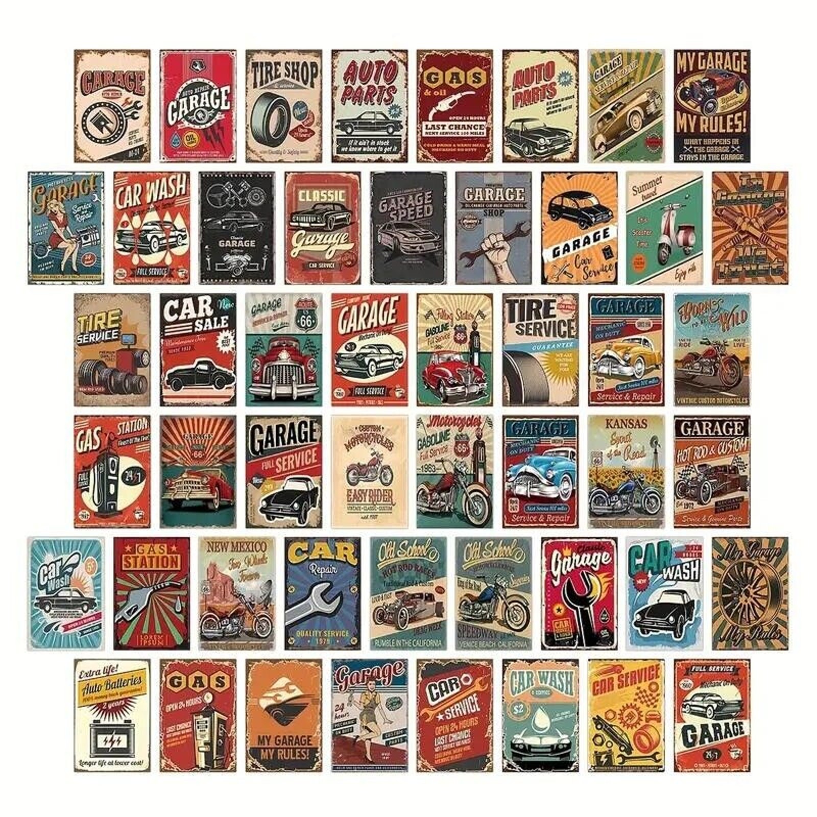 50pcs Vintage Retro Style Car & Petroliana 4x6in Poster Prints Wall Collage Kit