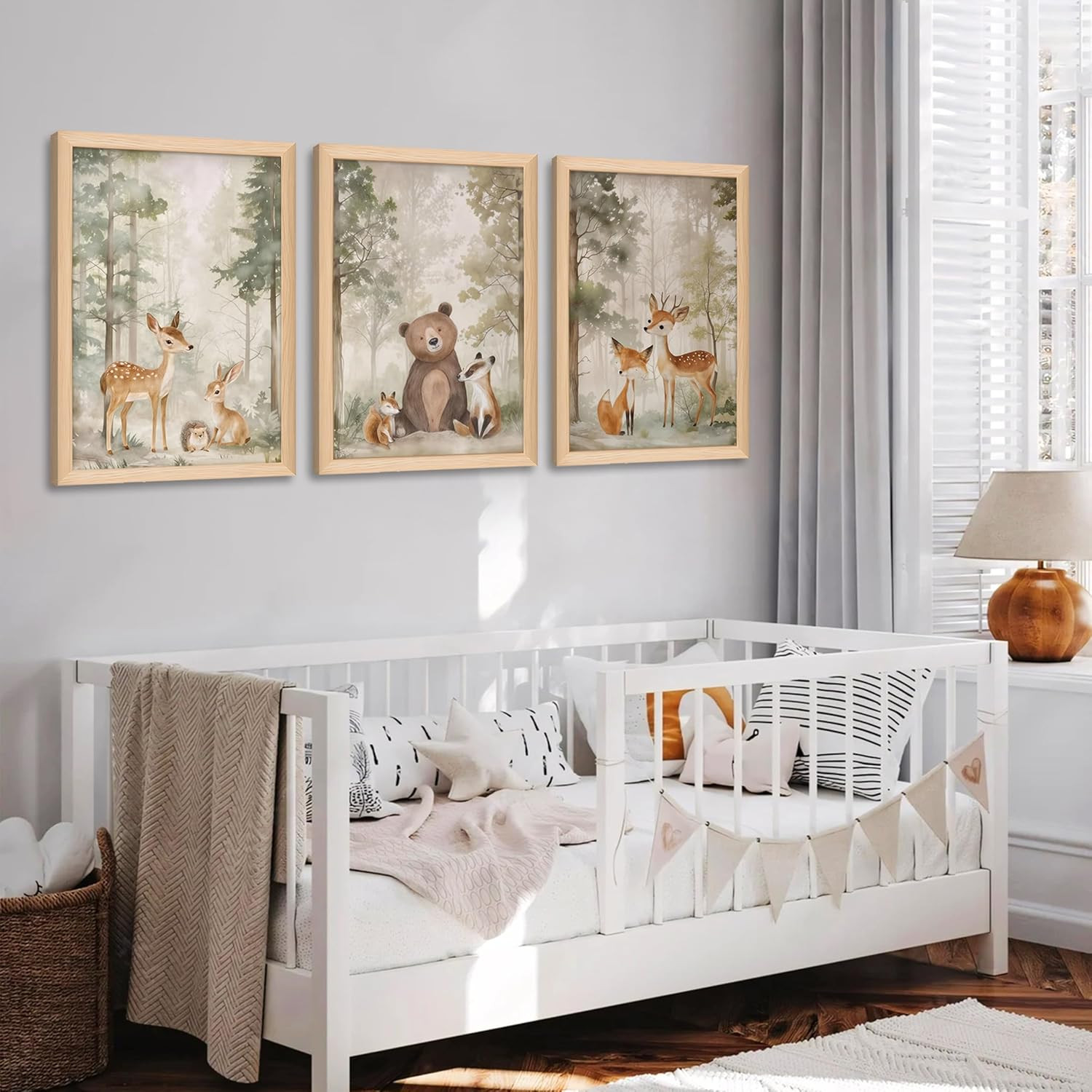 Framed Woodland Wall Art Set of 3, Wild Animals Nursery Wall Decor, Cute Bear Fo