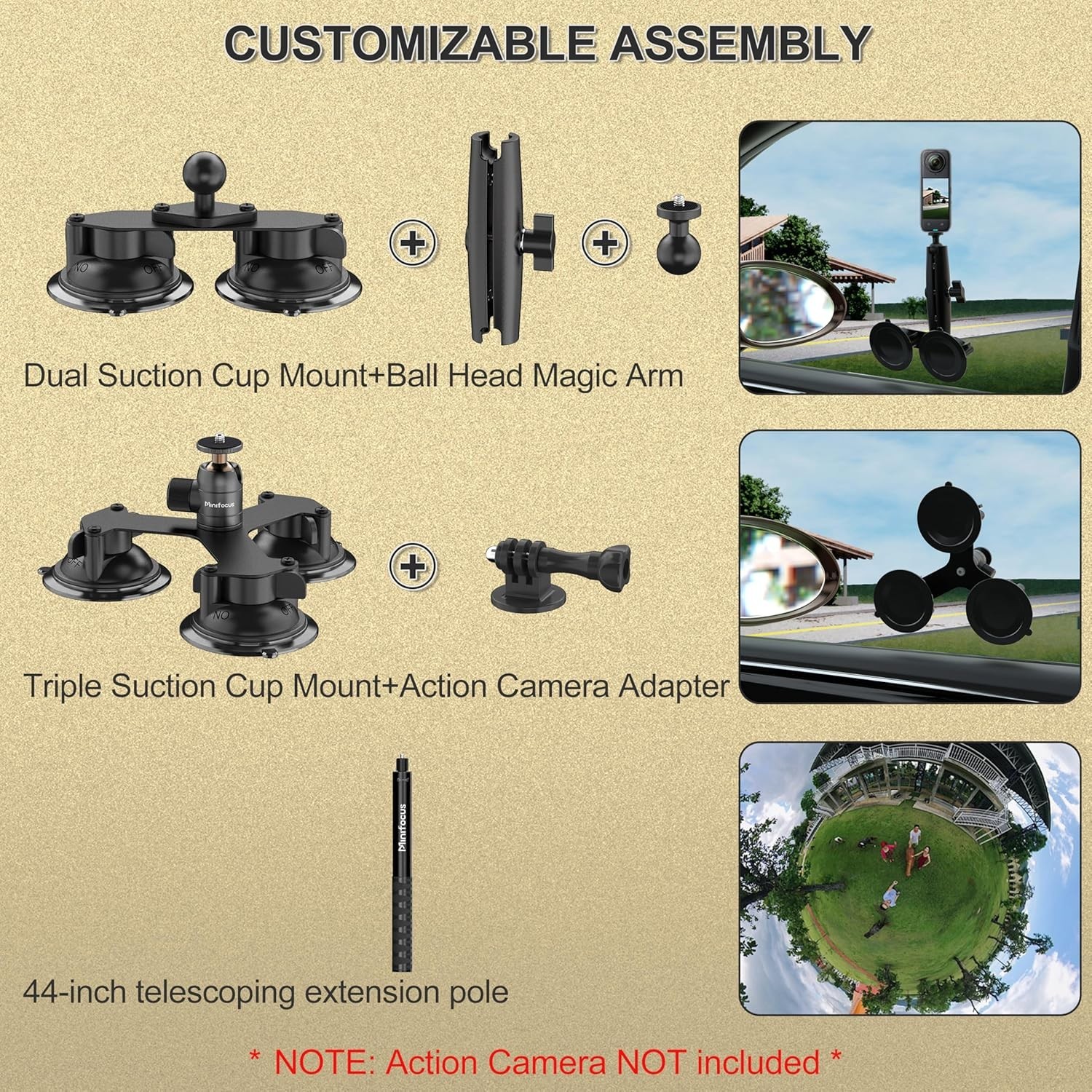 Suction Car Mount for Insta360 X5, X4, X3, 5 in 1 Suction Cup Camera Mount Kit w