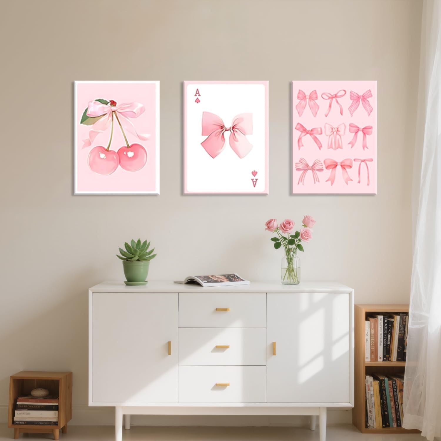 Coquette Pink Bow Canvas Wall Art Set of 3, Cherry Bow Posters Prints for Bed…