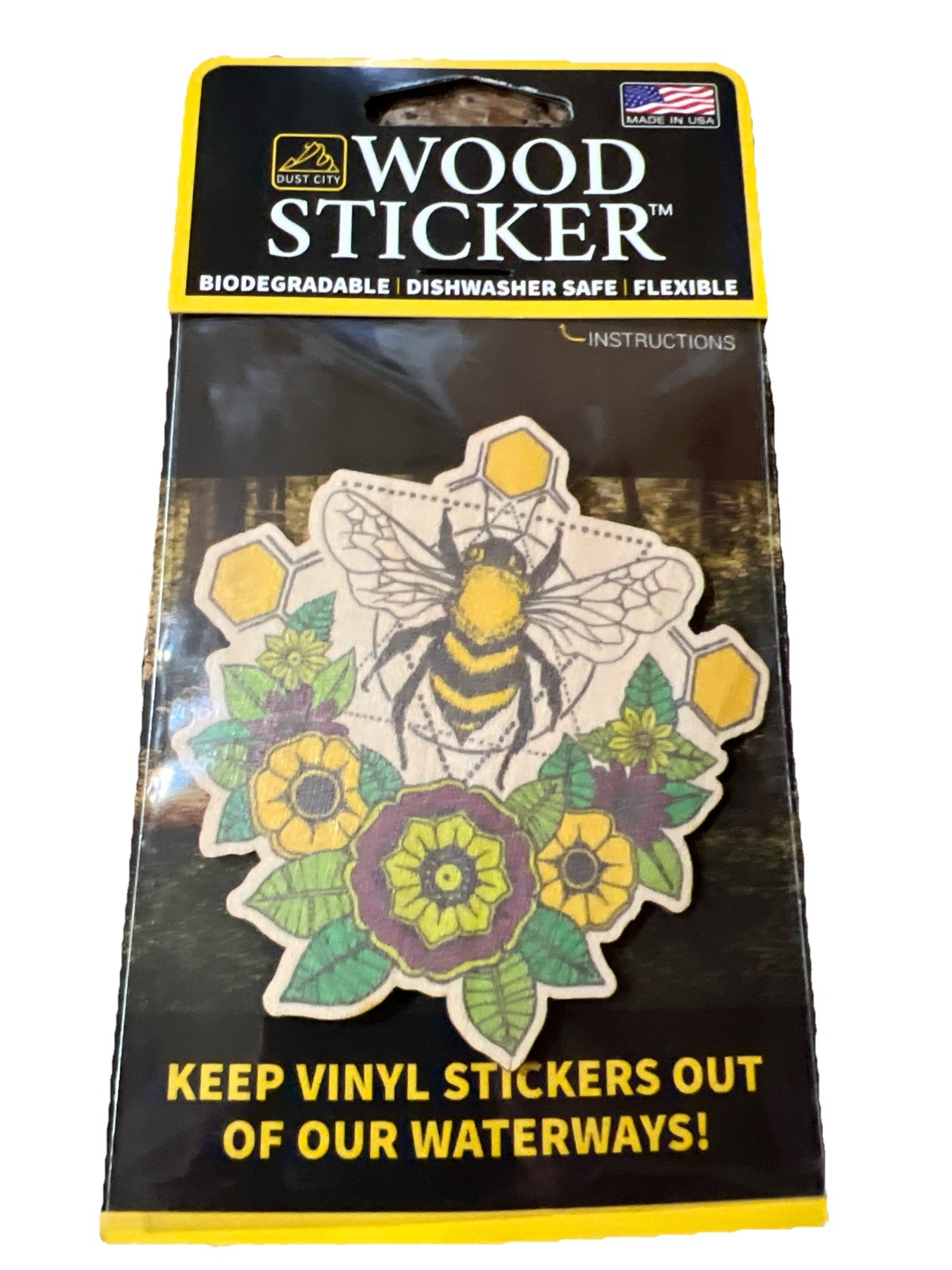 Honey Bee Flower Hippie WOOD Sticker Dishwasher SAFE Biodegradable Dust City NEW
