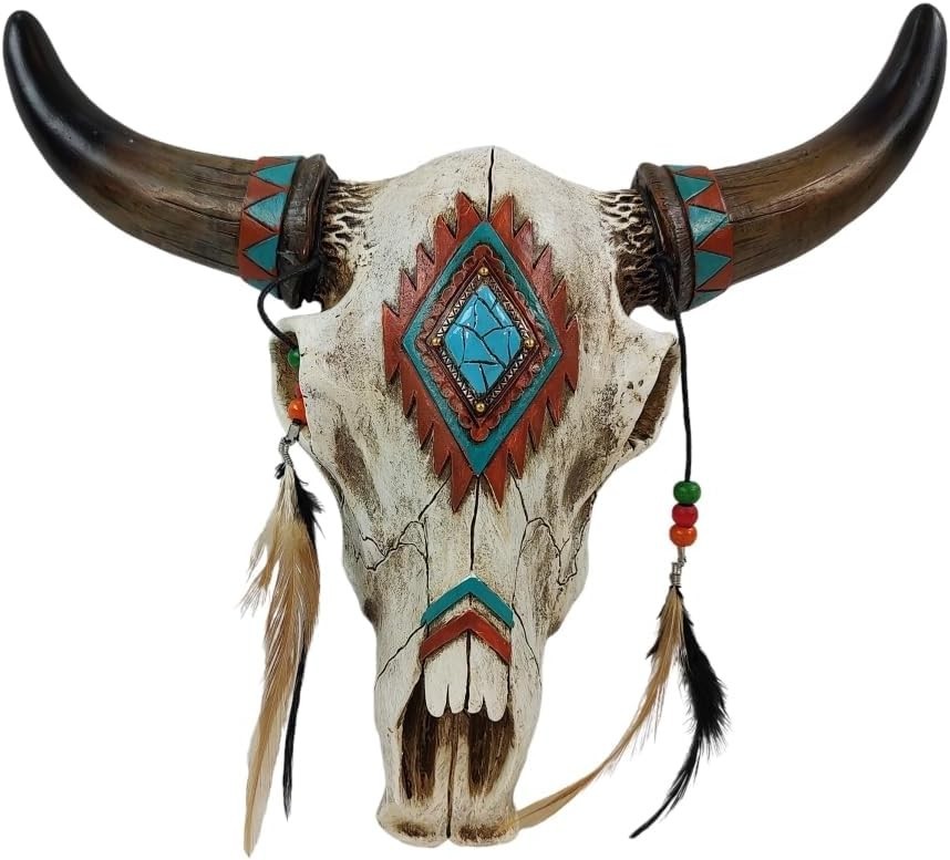 Southwestern Cow Skull Wall Decor Polyresin Feathers Beads Turquoise Rustic