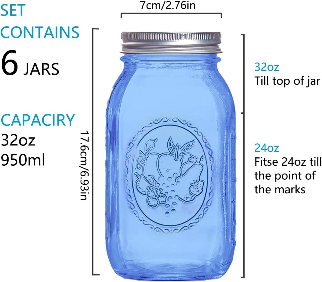 Regular Mouth Mason Jars 32 oz,6 Pack Blue Glass Colored Canning Jars with Airti