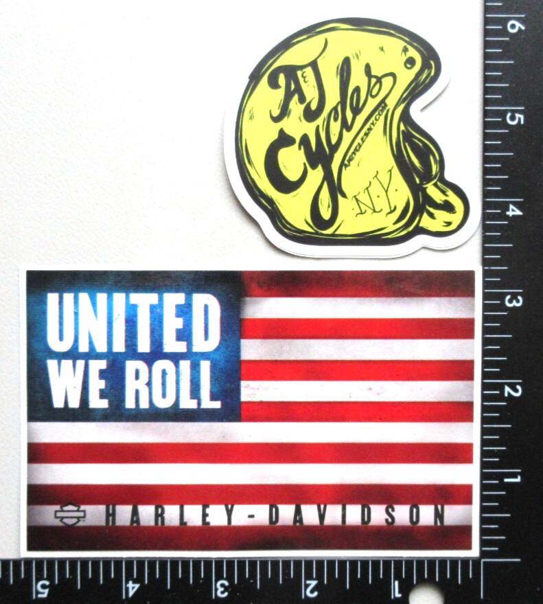 🔥HARLEY DAVIDSON UNITED WE ROLL FLAG AND A & J CYCLES NY HELMET DECALS STICKERS