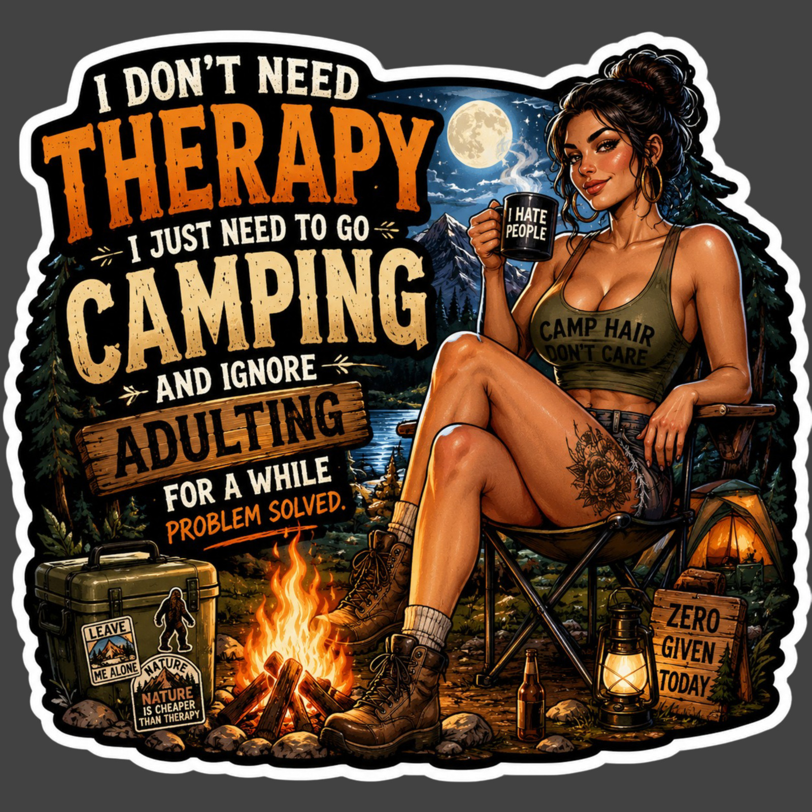 Camping Girl Sticker Vinyl Decal Funny Therapy Campfire Nature Adulting