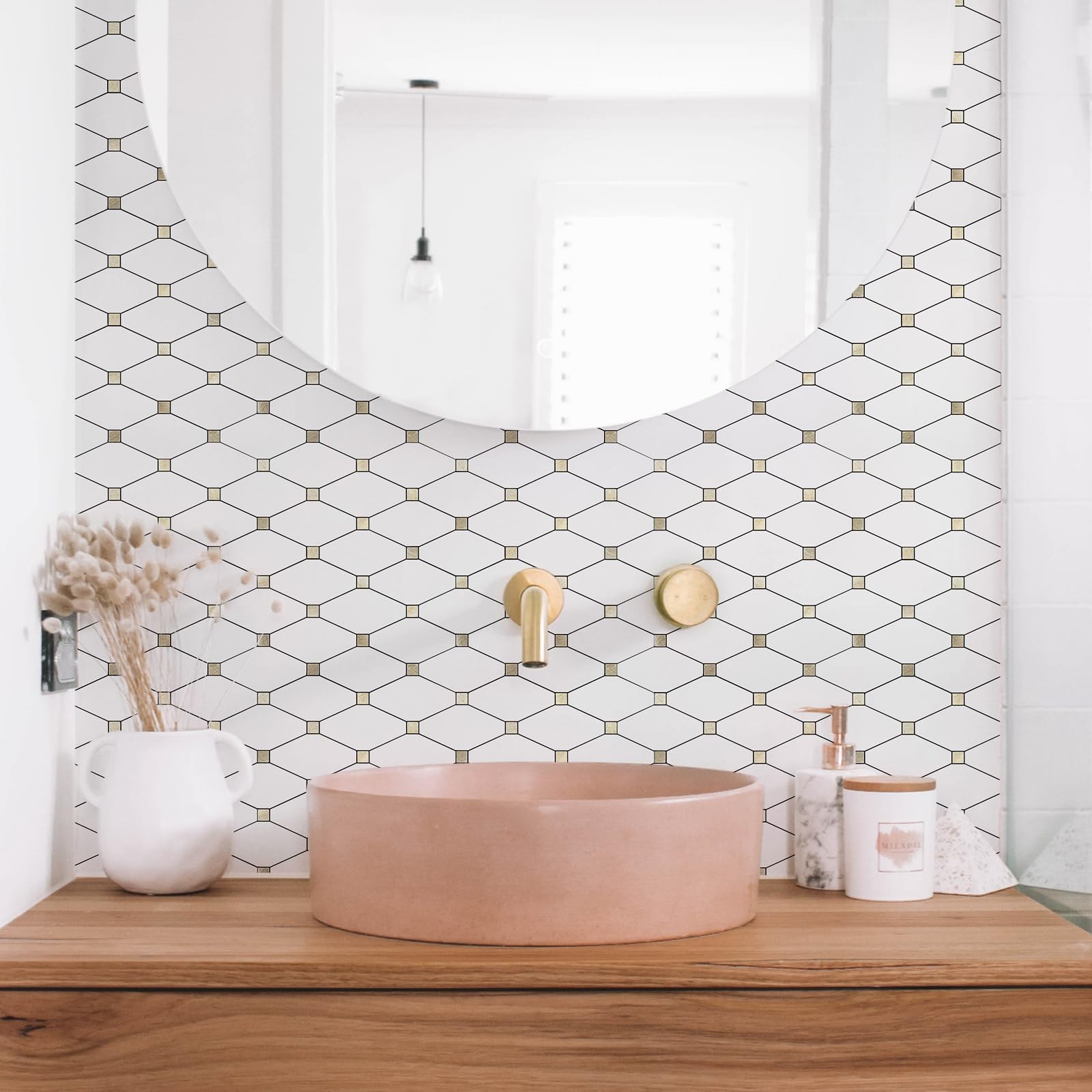 10 Sheets Peel and Stick Backsplash, Pure White Marble Look PVC Mixed Metal G…