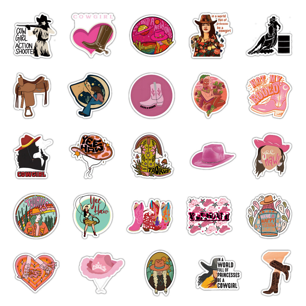 100Pcs Cowgirl Cartoon Sticker for Adults Teens Girls Scrapbooking Water Bottles