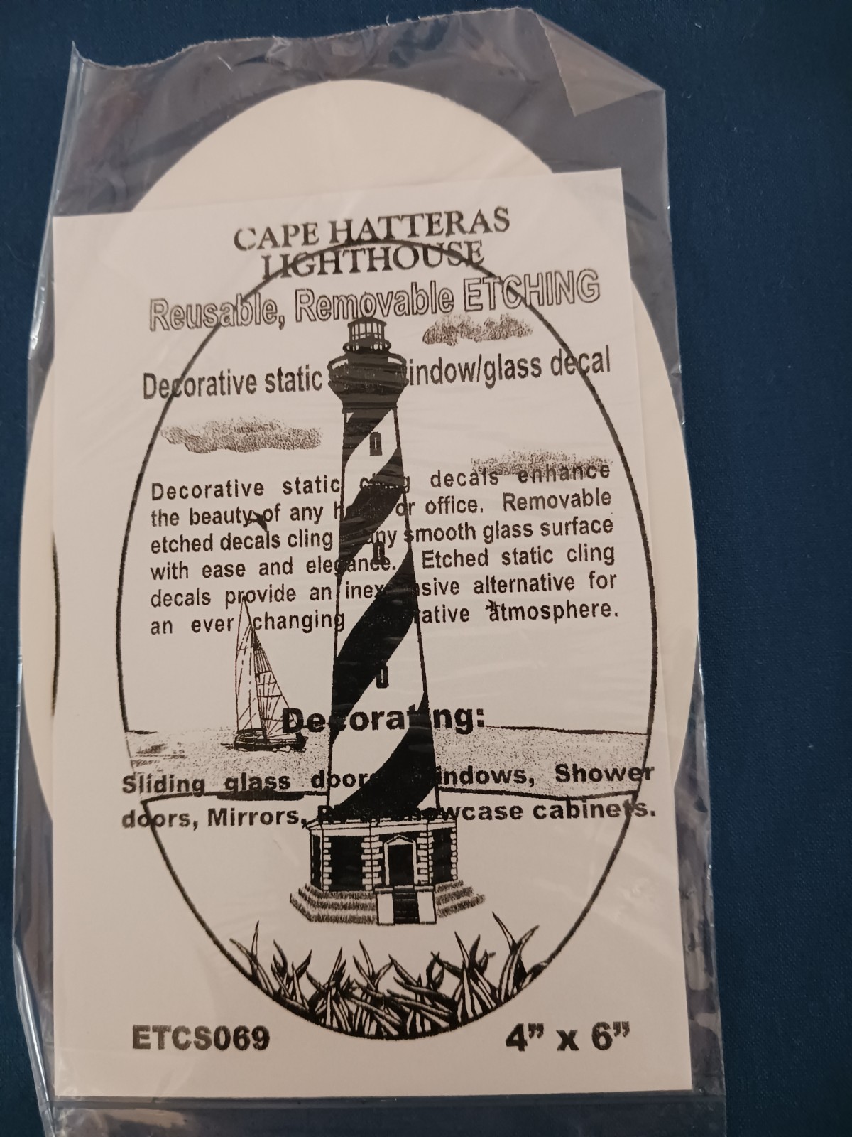 Hatteras Lighthouse Decal 10.5"x16" OVAL Etched Look Cling Removable&Reusable 69