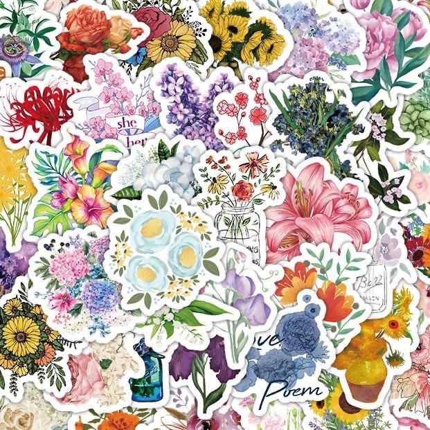 50PCS Cute Floral Flower Stickers Aesthetic Waterproof Vinyl Decal