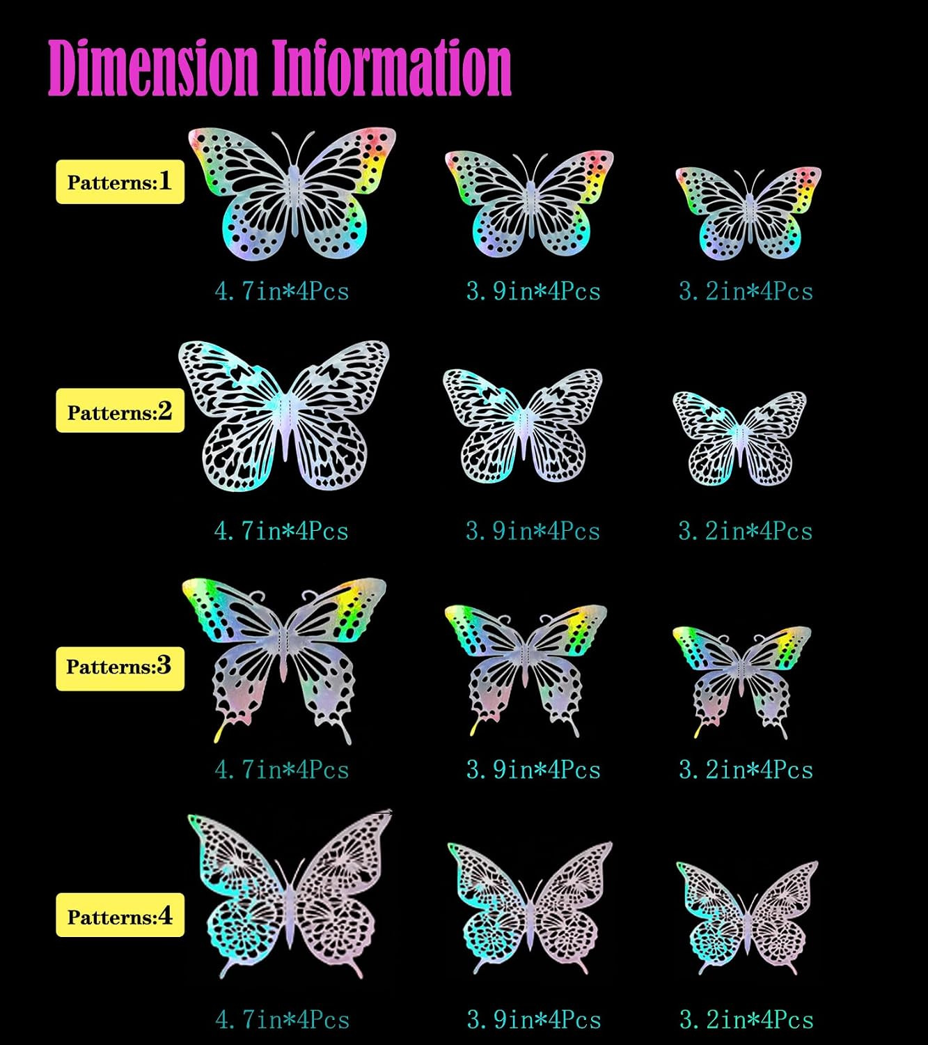 3D Laser Sivery Butterfly Wall Stickers – 48 Pcs with 4 Styles & 3 Sizes, Remova