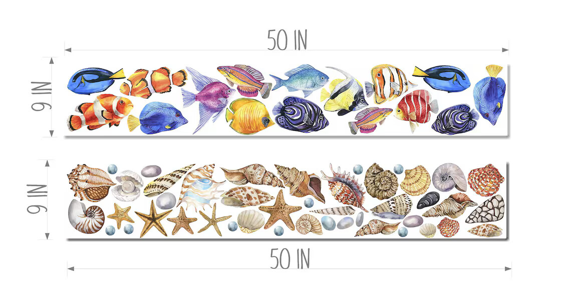Seaweed, Coral, Tropical Fish & Seashells Ocean Fabric Wall Decal Set Removable