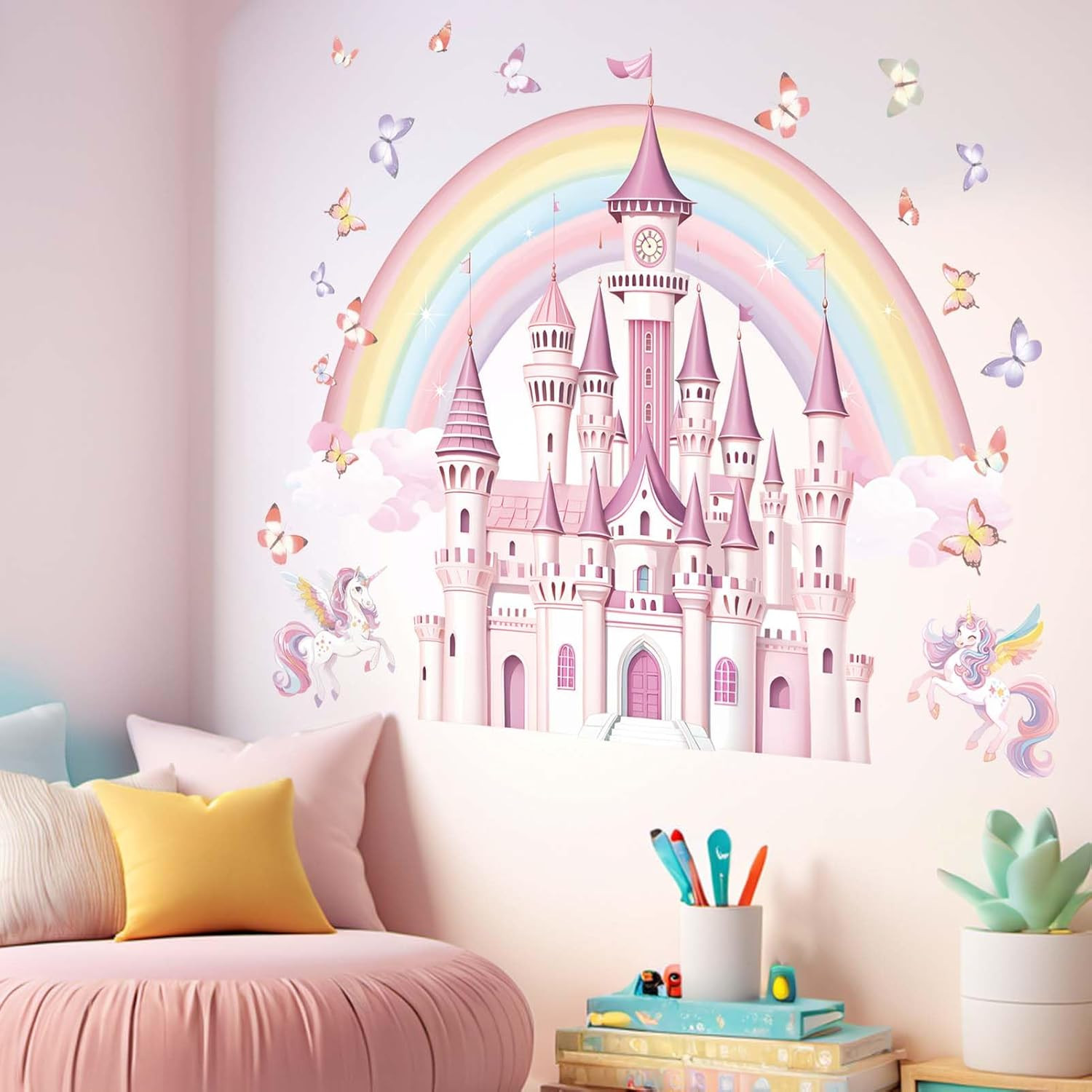 Rainbow Castle Wall Stickers for Girls: Peel and Stick Unicorn Fairy Tale Butter