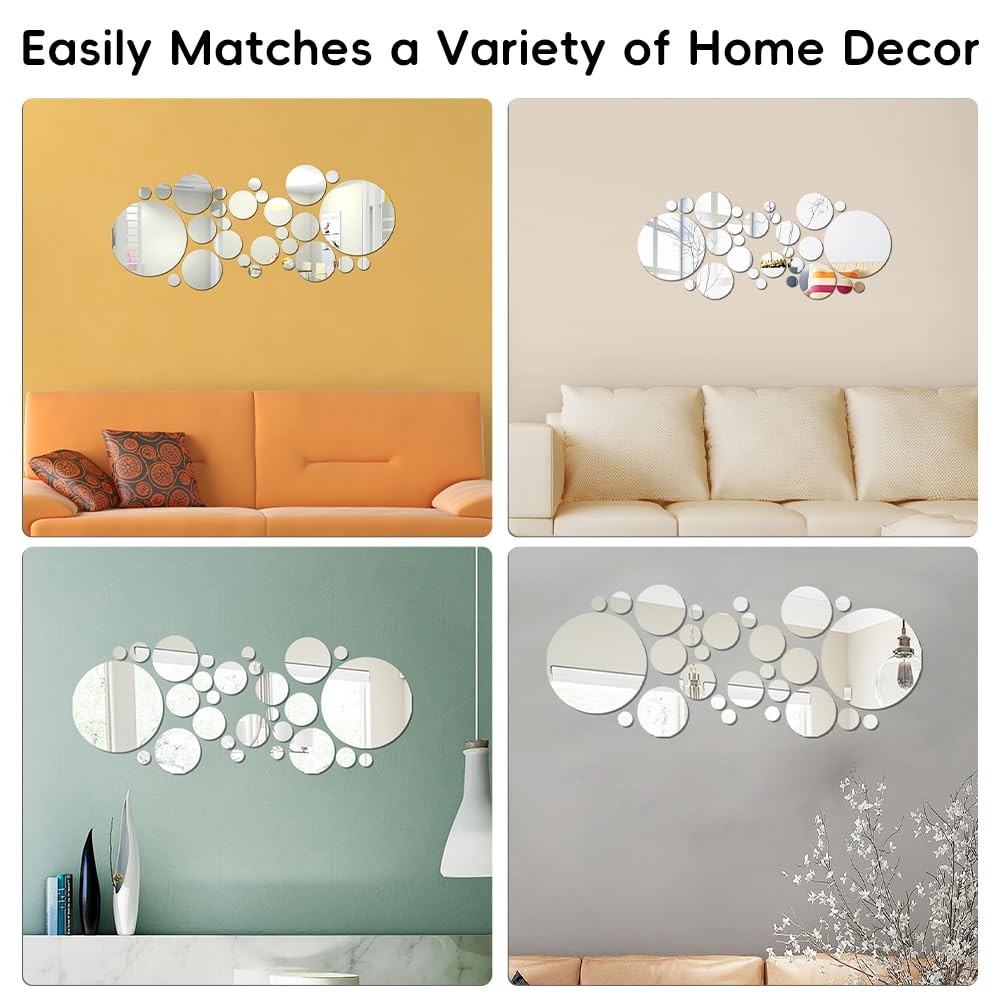 32Pcs Round Acrylic Mirror Stickers Wall Decor Decals DIY Self-Adhesive Wall Art