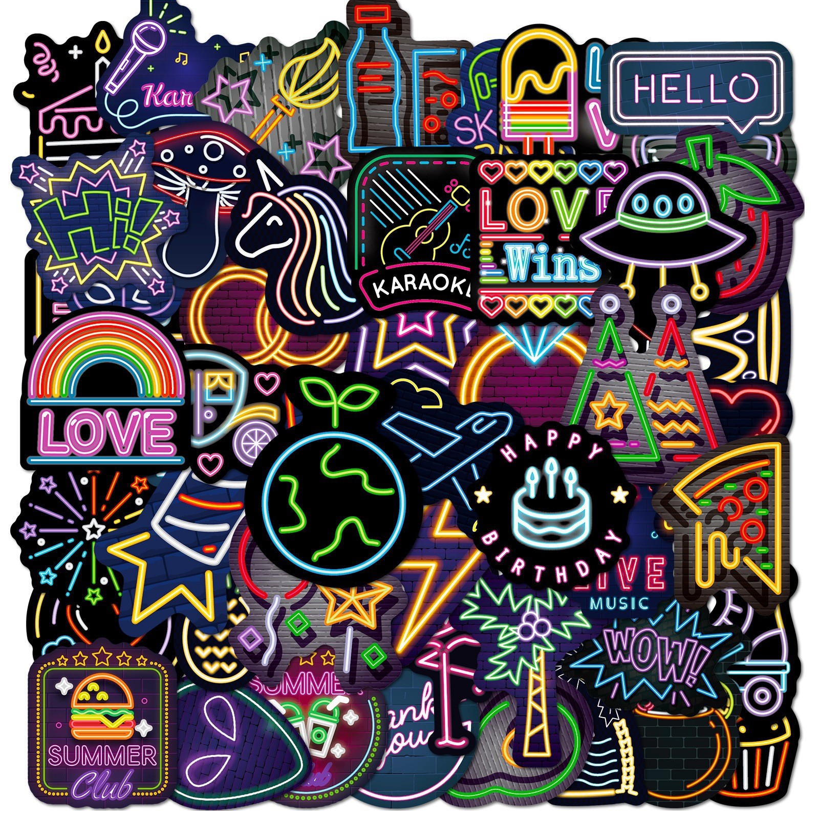 50pcs Waterproof Vinyl Stickers Variety Neon Style Luggage Phone Laptop Fridge