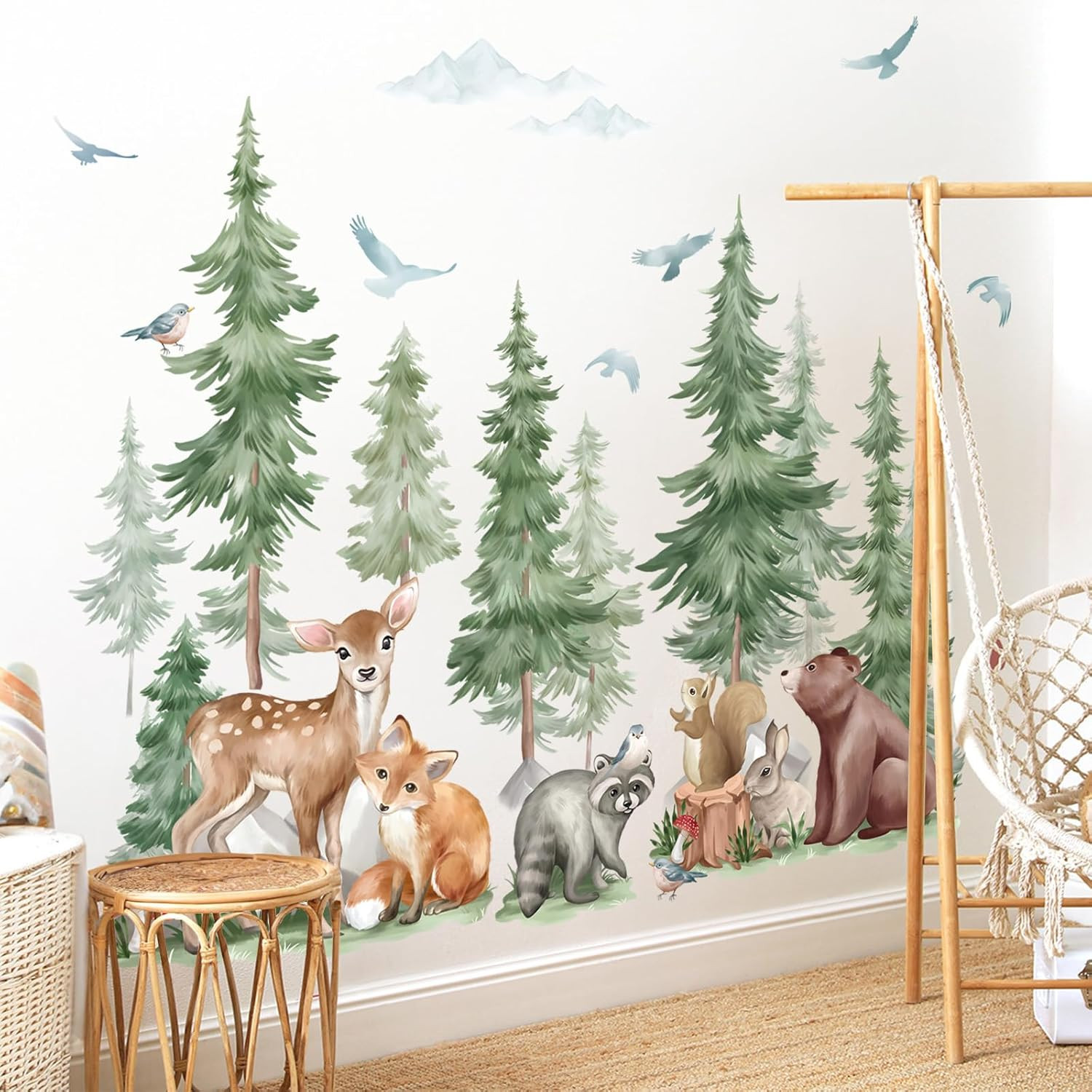 Mountain Tree Wall Stickers Large Pine Tree Forest Animal Bear Fox Peel and Stic