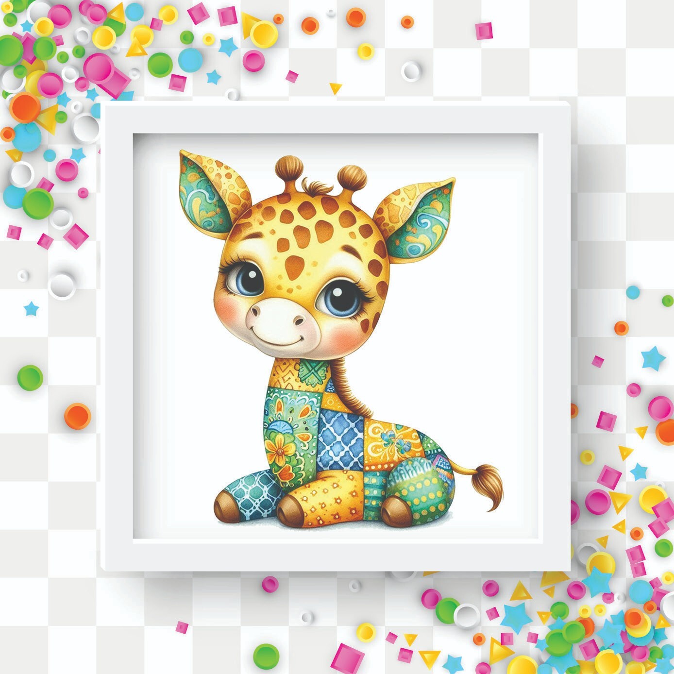 Green and Blue Patchwork Giraffe UV DTF Transparent Sticker / Decal
