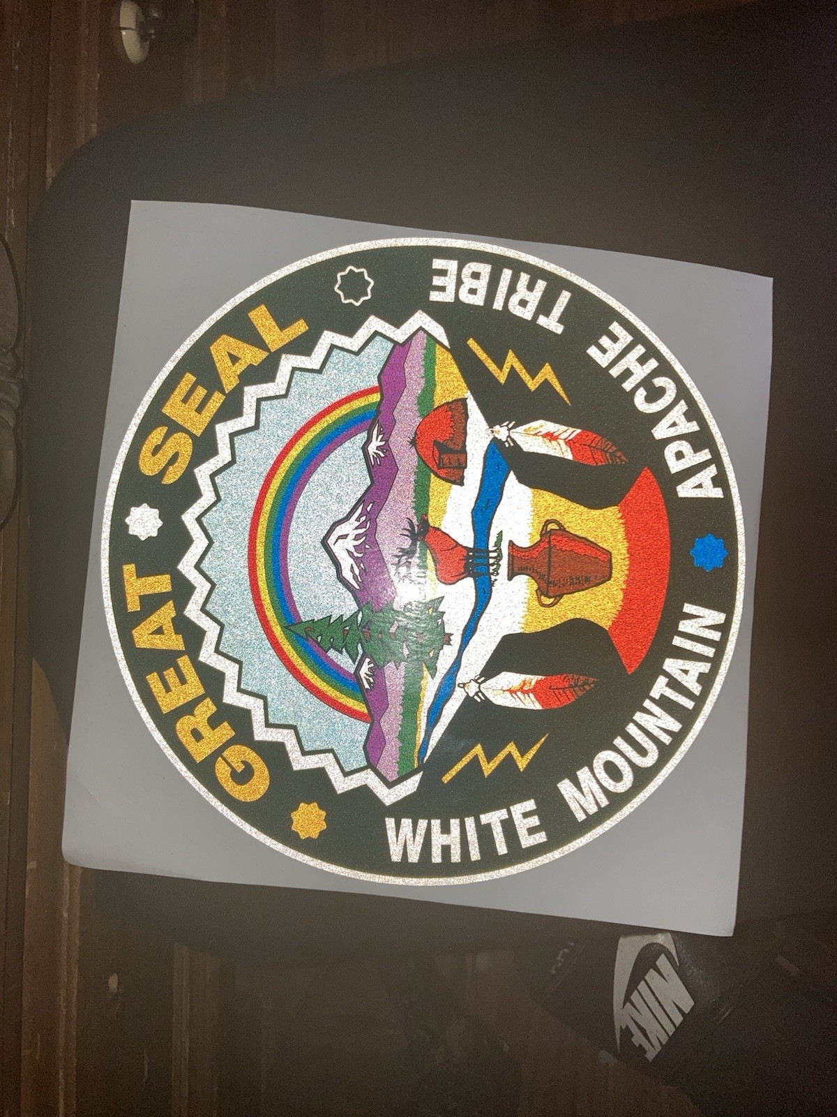 Reflective white Mountain Apache Tribal Seal sticker 8 Inches