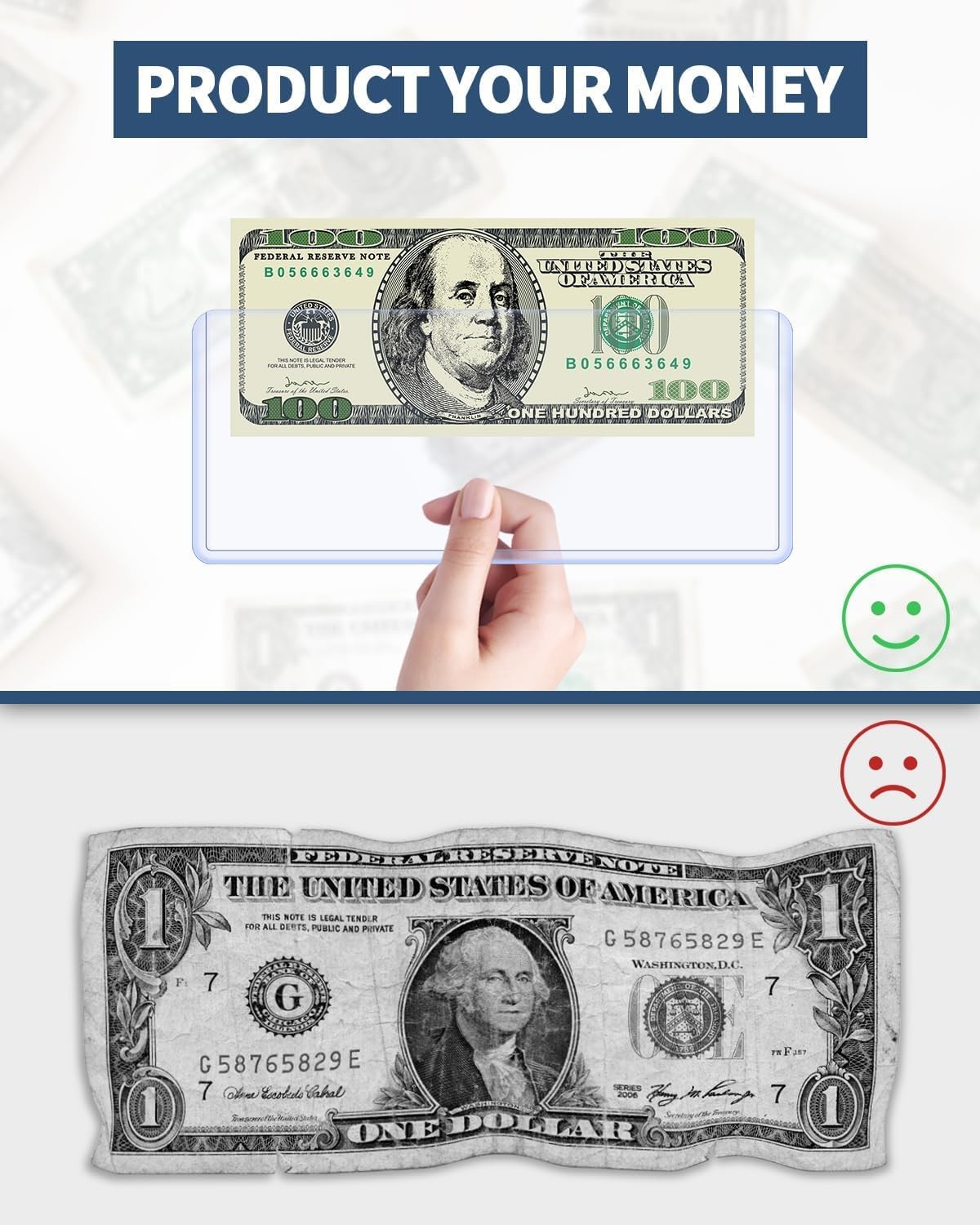 15 Pack Dollar Bill Sleeves – 6.8" x 2.9" Clear PVC Currency Sleeves, Hard…