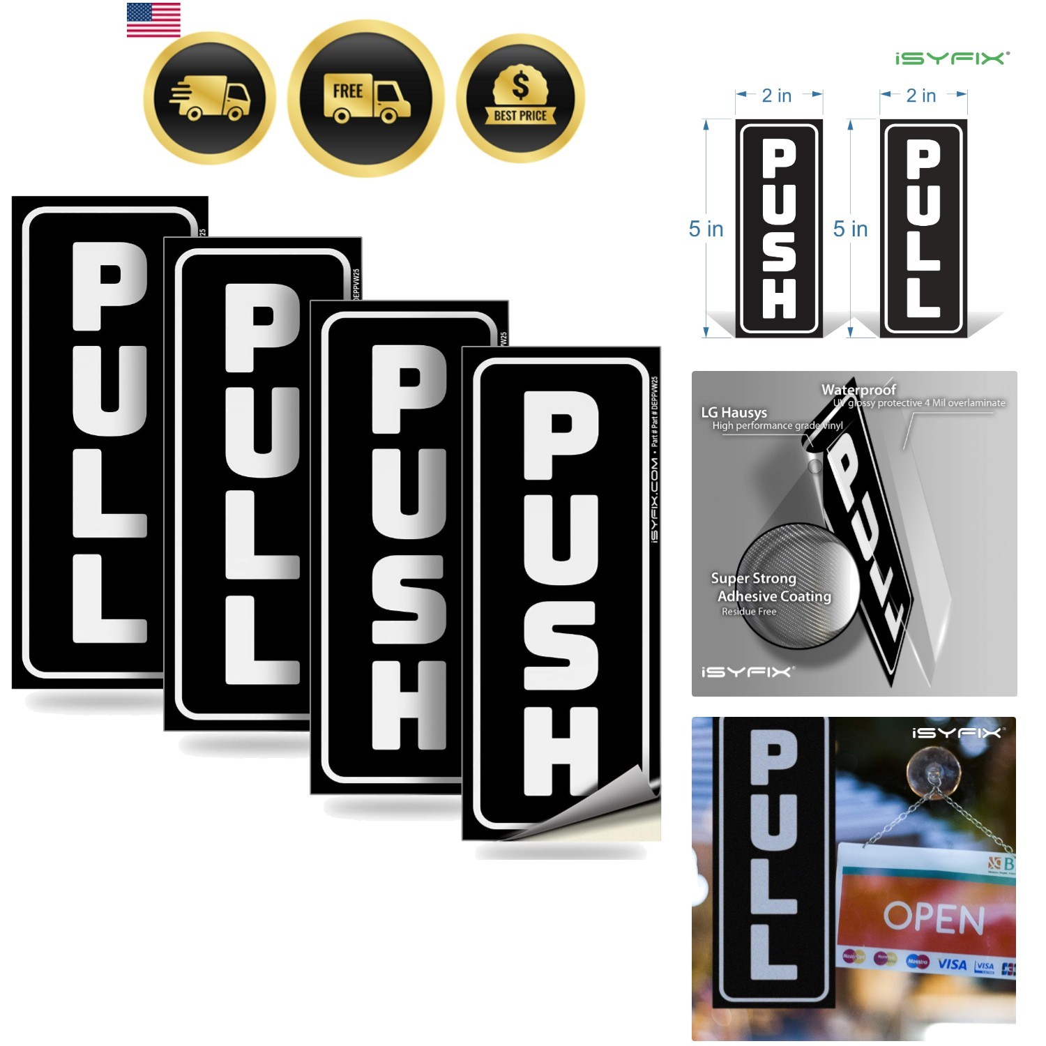 Push Pull Stickers Sign – 2 Pack 2×5 inch -Vertical Decal Self-Adhesive, Blac…