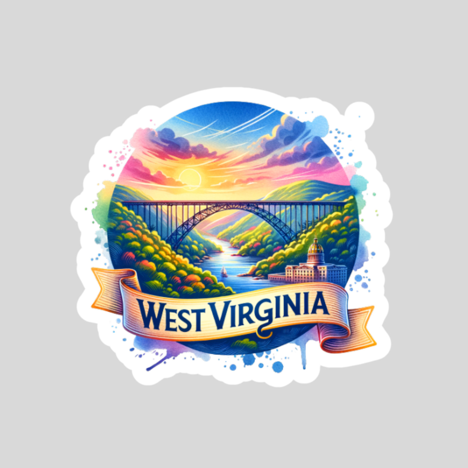 West Virginia sticker vinyl decal watercolor bridge state novelty mug car 6"