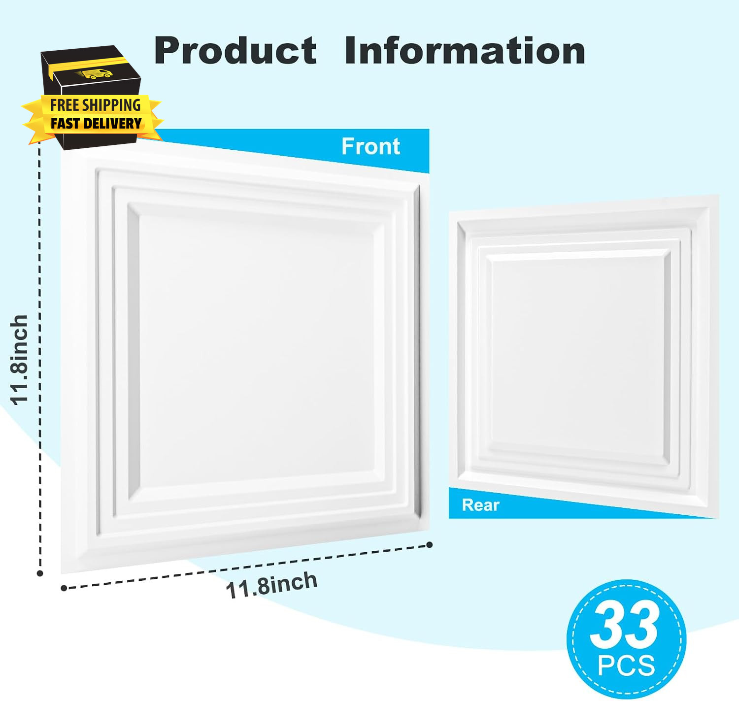 33-Pack Accent 3D Textured Wall Panels, 11.8 X 11.8 In, White | Wipe Clean, PVC,
