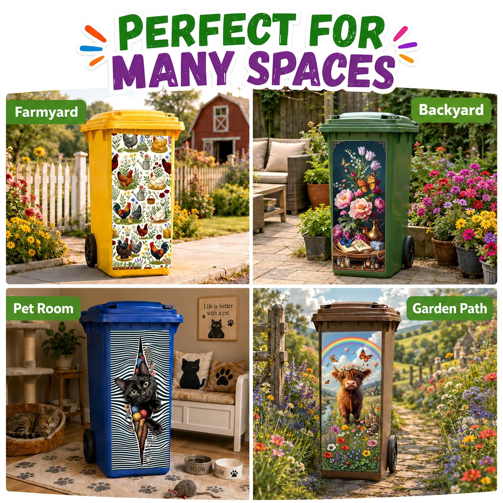 Flower Wheelie Bin Stickers Large Art Garbage Can Decals for Outside