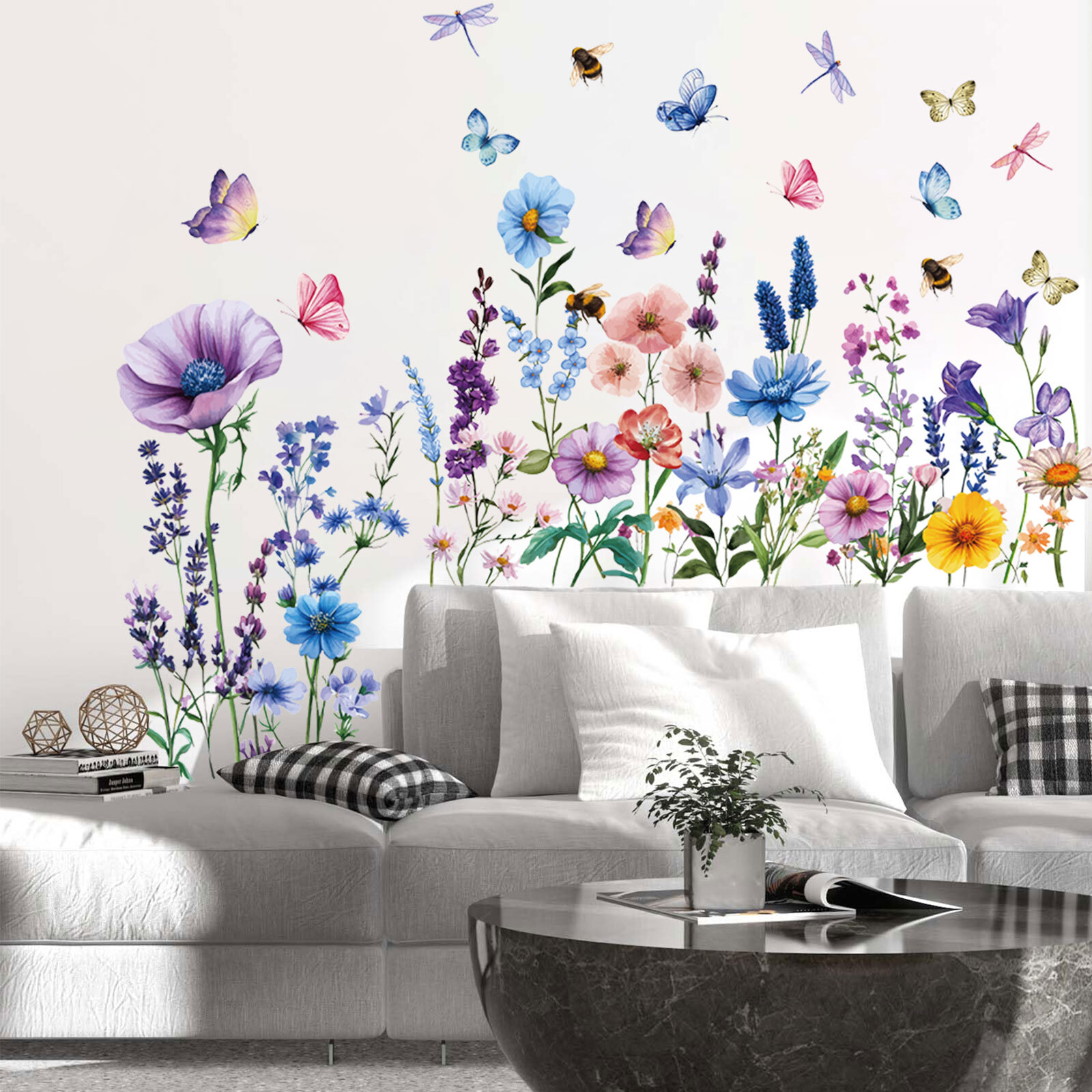 1 Set Colorful Floral Dragonfly Wall Stickers Waterproof Flower Mural Decoration