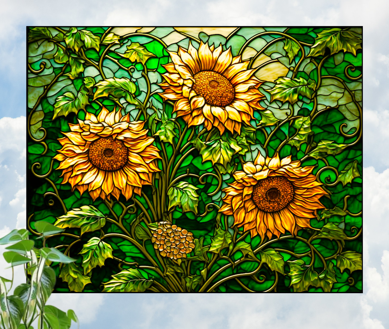 Wild Sunflowers Faux Stained-Glass WINDOW CLING Size 10" Repositionable Vinyl