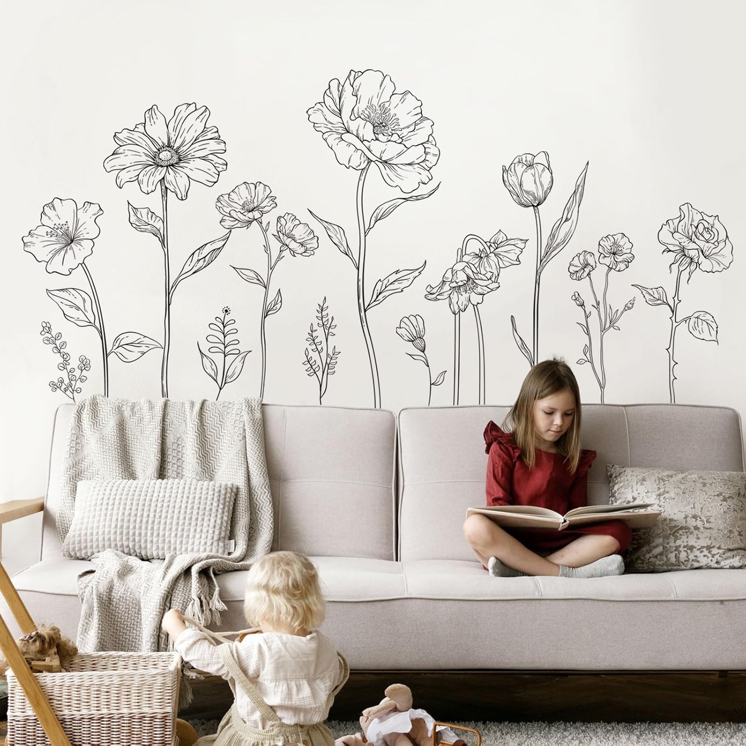 Large Black Boho Flower Wall Decals, 3 Sheets Simple Sketch Multi-colored