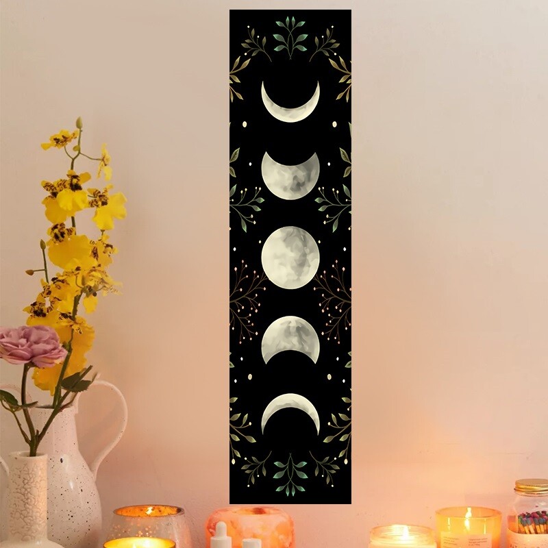 Vintage Moon Phase Wall Hanging Tapestry Mooonlight Green Olive Leaf Black Tapes