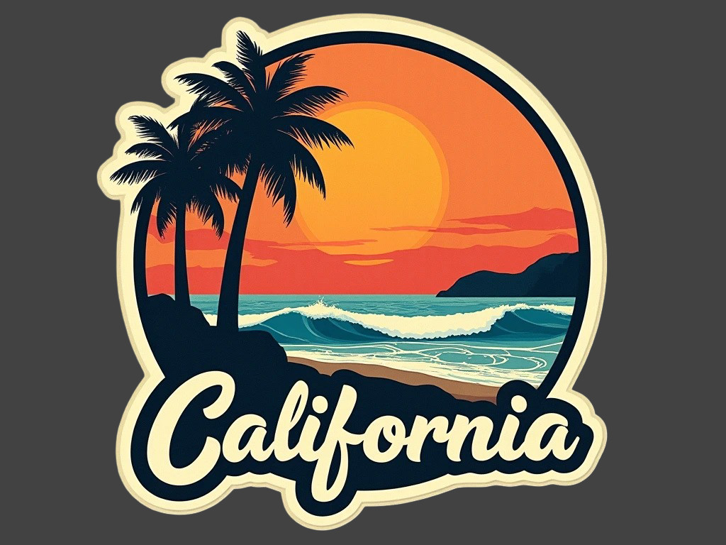 California Sticker Vinyl Decal Retro Beach Sunset Palm Trees Vintage