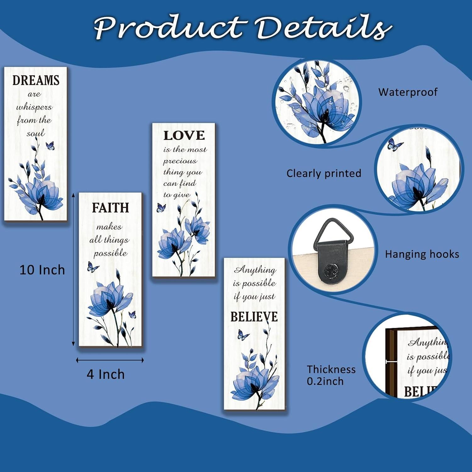 4 Pcs Blue Bathroom Decor Blue Wall Decor With Flower Dreams Faith Love Believe