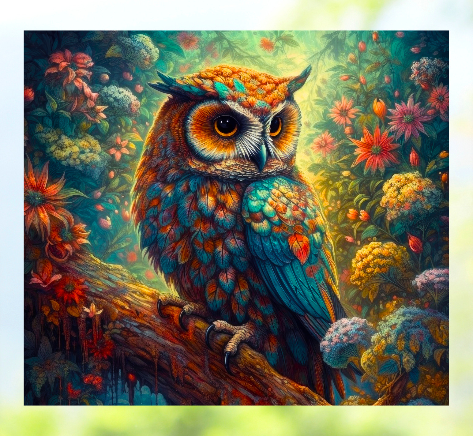 Horned Owl & Flowers WINDOW CLING Size 9.1" Vinyl Window Decoration