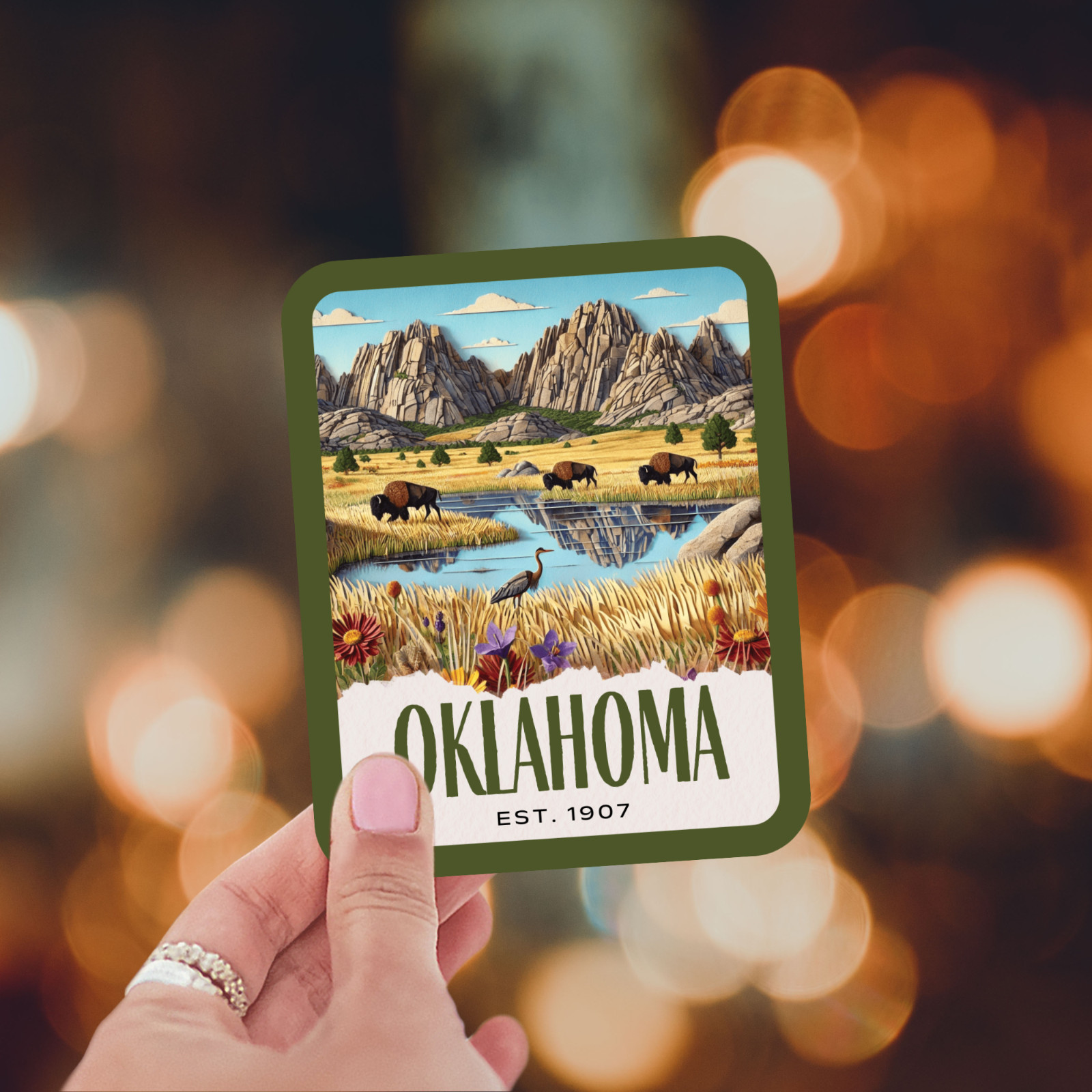 Oklahoma State Sticker, Paper Collage Look, Wichita Mountains Vinyl Decal